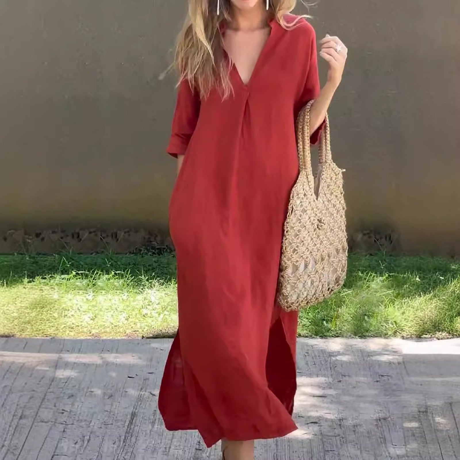 Breezy Elegance™ Summer Cotton Linen Dress – Casual V-Neck, Flowy Fit, Plus Size Comfort for Women