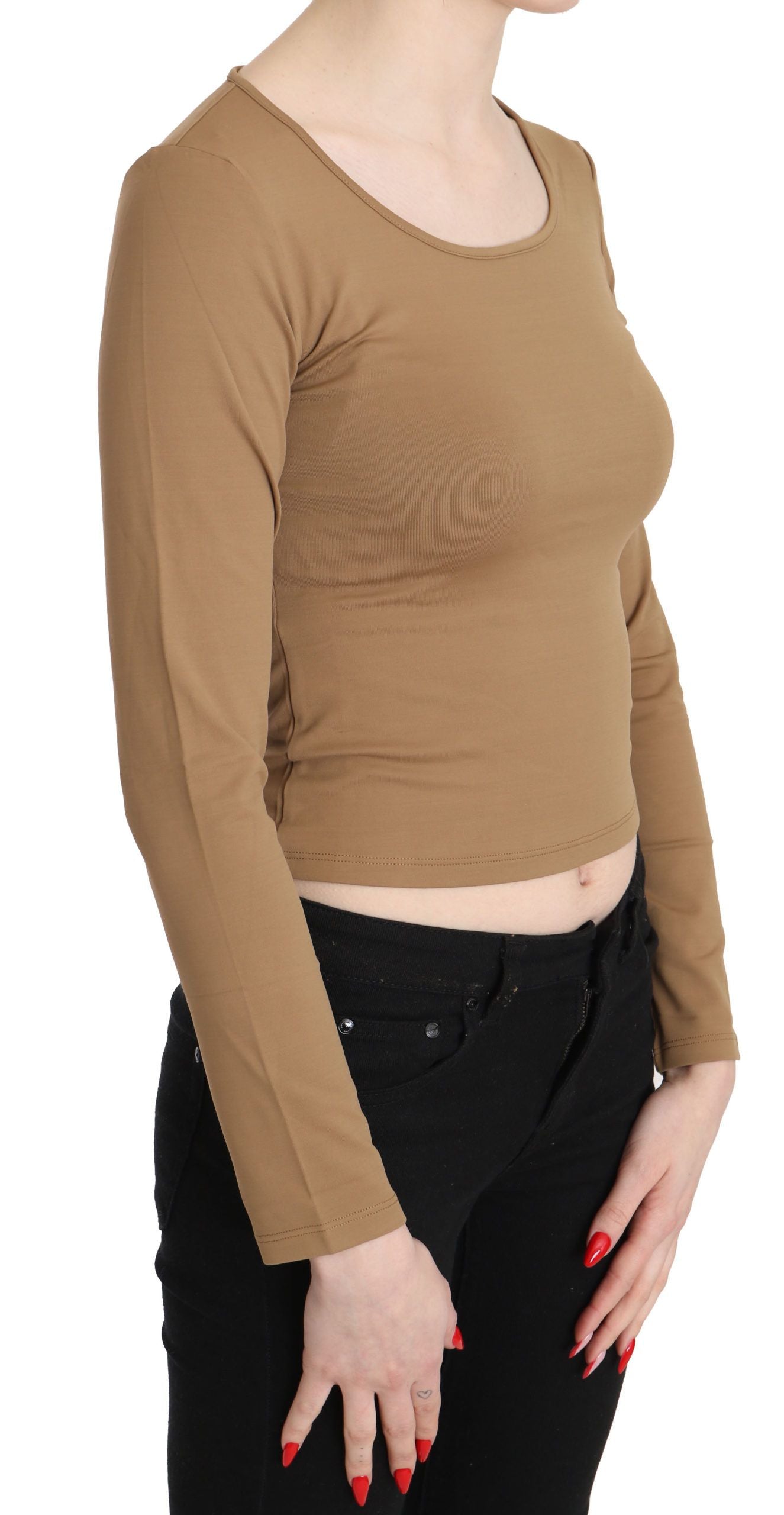 GF Ferre Brown Round Neck Long Sleeve Slim Crop Top Blouse
