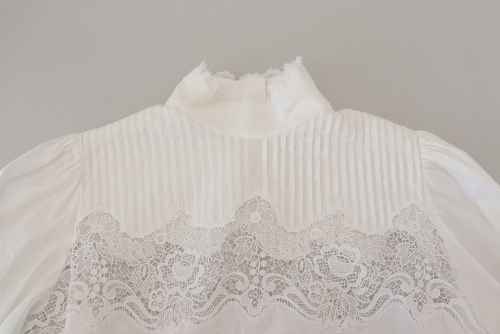 Dolce & Gabbana White Cotton Lace Trim Turtle Neck Blouse Top
