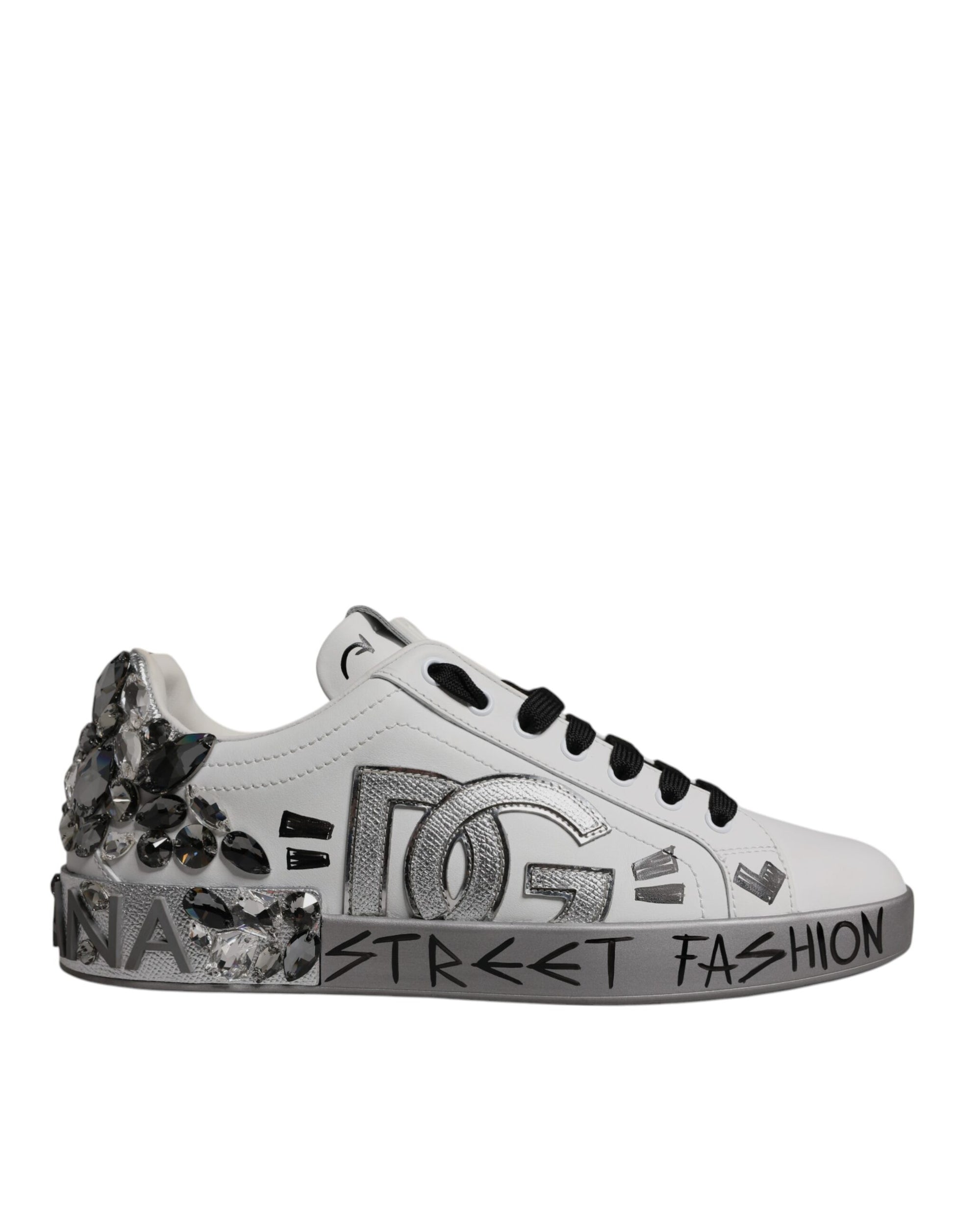 Dolce & Gabbana White Silver Crystal Logo Portofino Sneakers Shoes
