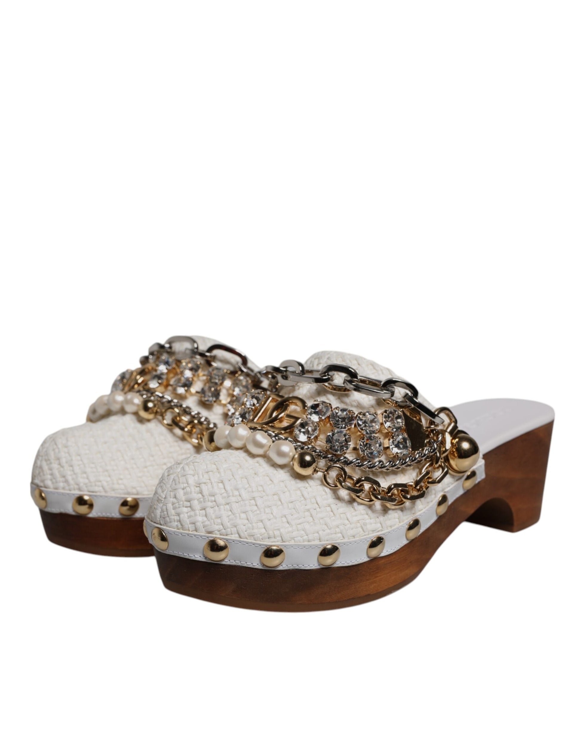 Dolce & Gabbana White Raffia Clogs Bejeweled Chain Sandals Shoes