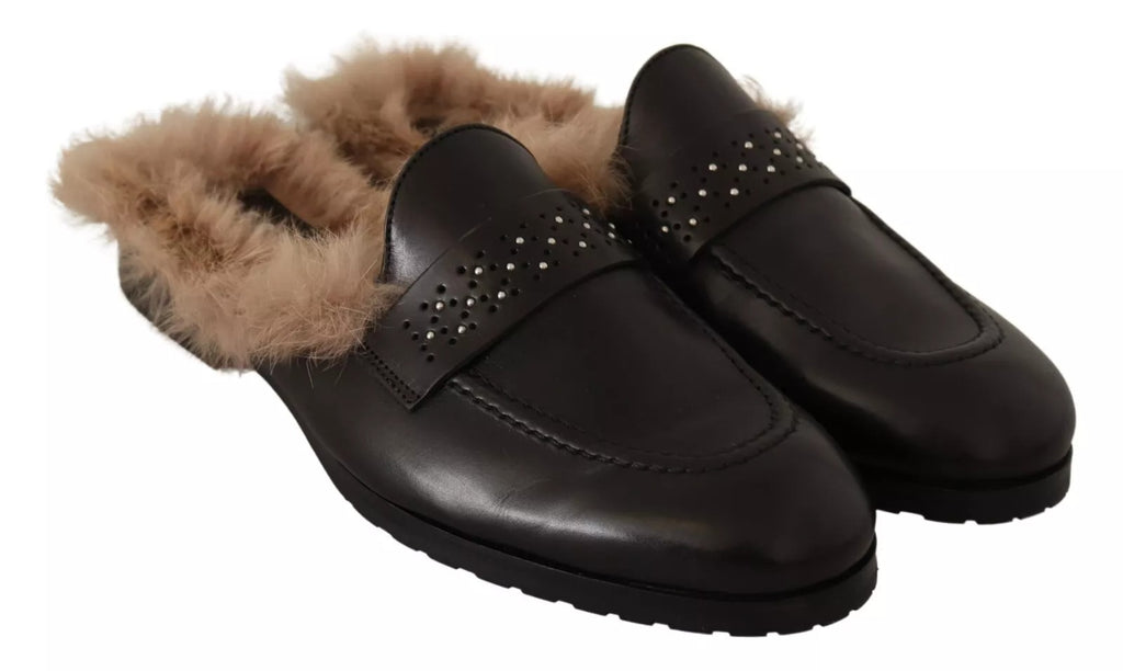 Peserico Black Leather Fur Perforated Slip On Flats Shoes
