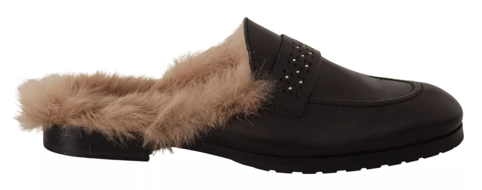 Peserico Black Leather Fur Perforated Slip On Flats Shoes