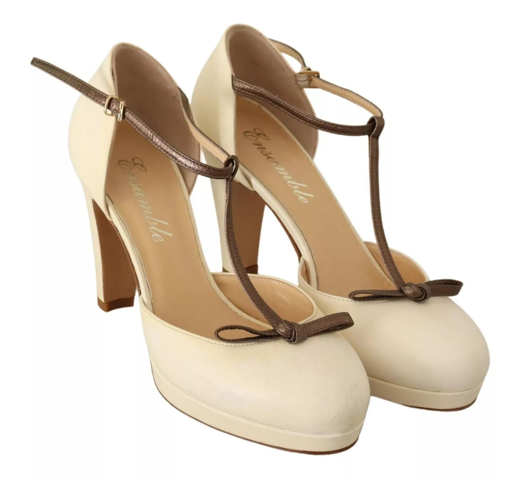 SERGIO LEVANTESI Beige T-Strap Block Heels Pumps Leather Shoes