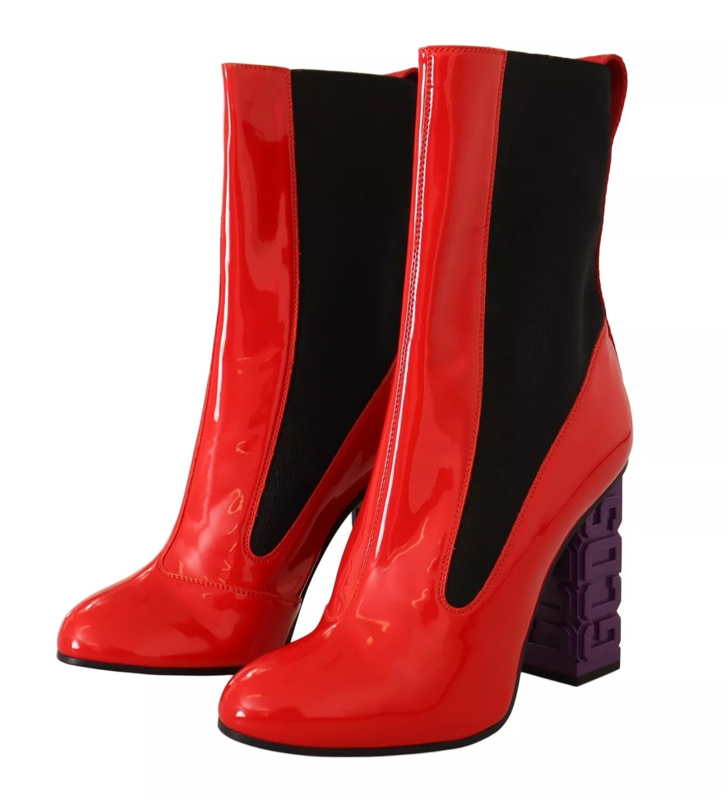 GCDS Red Leather Black Fabric Logo Heel Ankle Boots Shoes