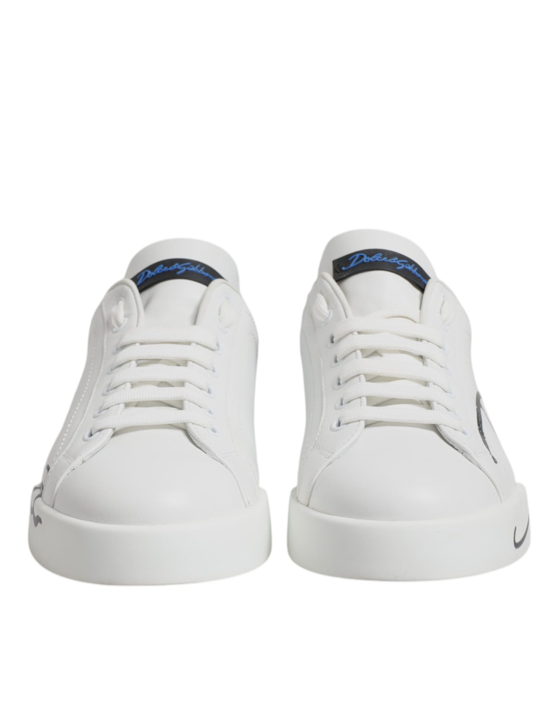Dolce & Gabbana White Blue Leather Logo Low Top Sneakers Shoes
