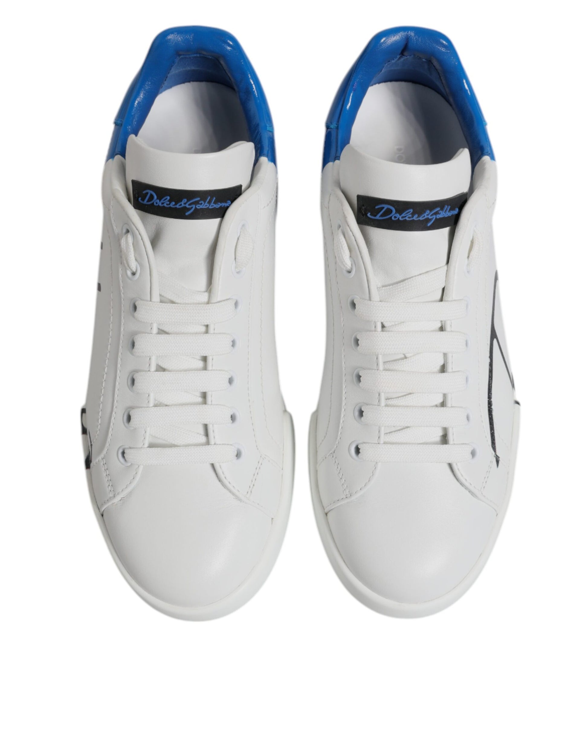 Dolce & Gabbana White Blue Leather Logo Low Top Sneakers Shoes
