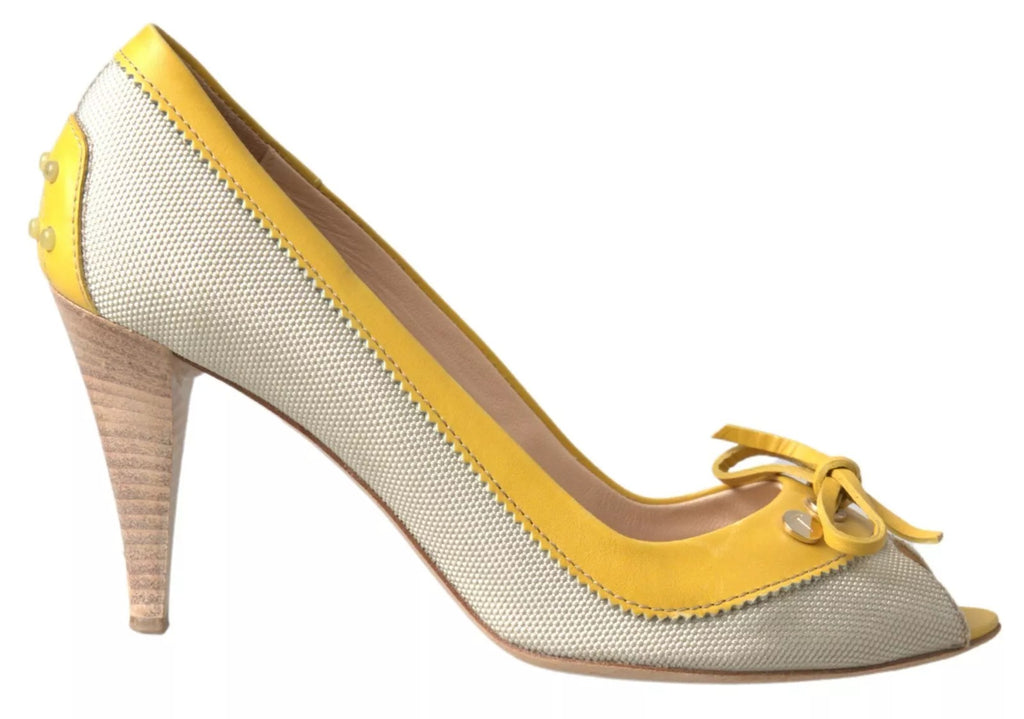 Tod's Yellow Off White Peep Toe Heels Pumps Shoes