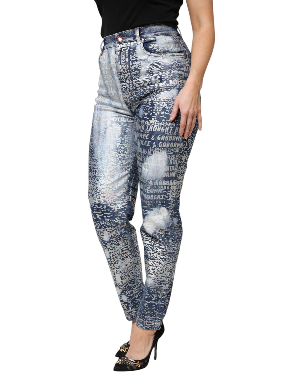 Dolce & Gabbana Blue Washed Print High Waist Denim Jeans