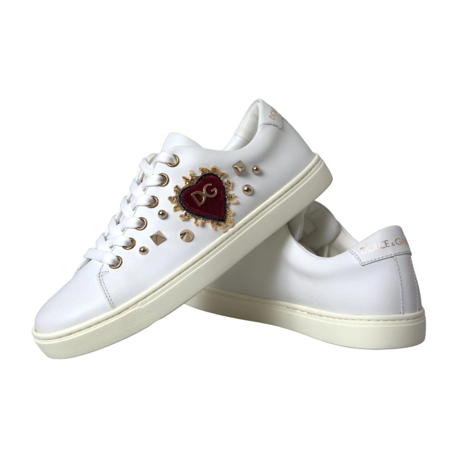 Dolce & Gabbana White Leather Gold Red Heart Sneakers Shoes
