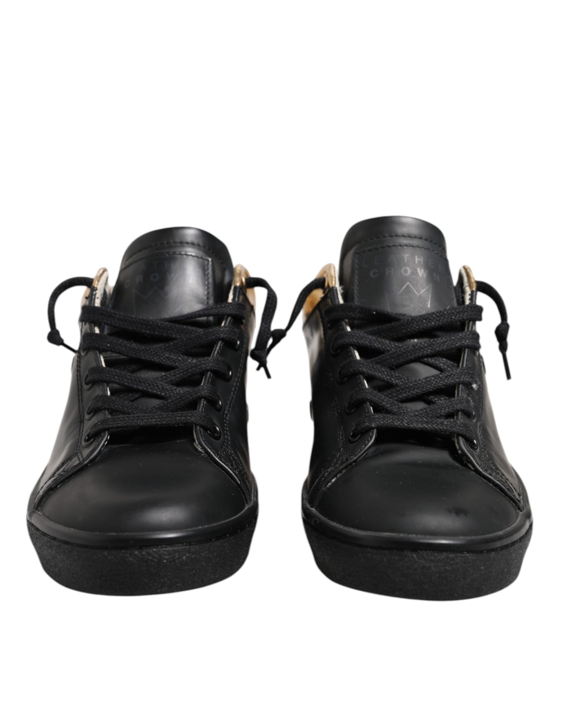 Leather Crown Black Gold Lace Up Low Top Women Sneakers Shoes