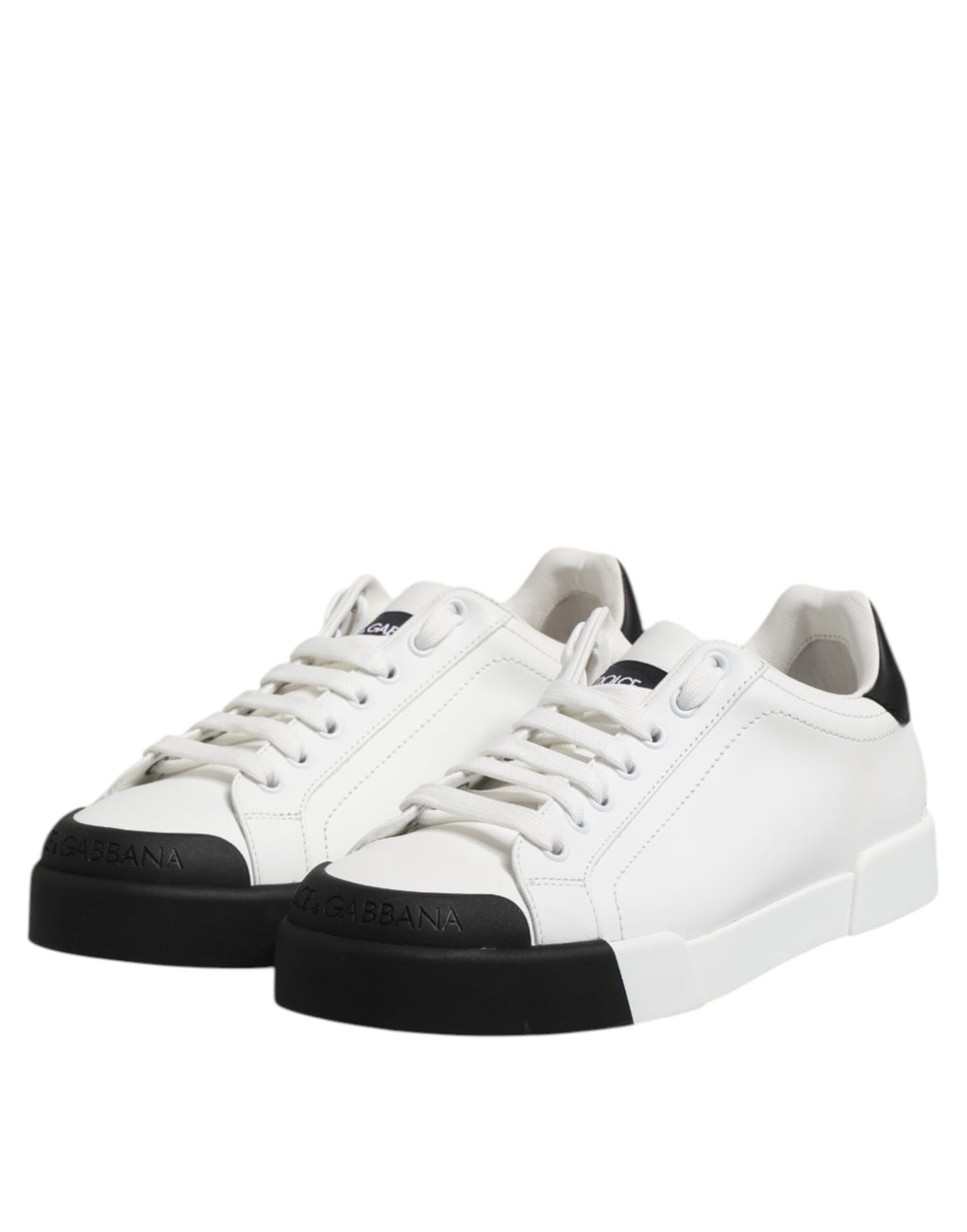 Dolce & Gabbana White Black Logo Leather Lace Up Sneakers Shoes