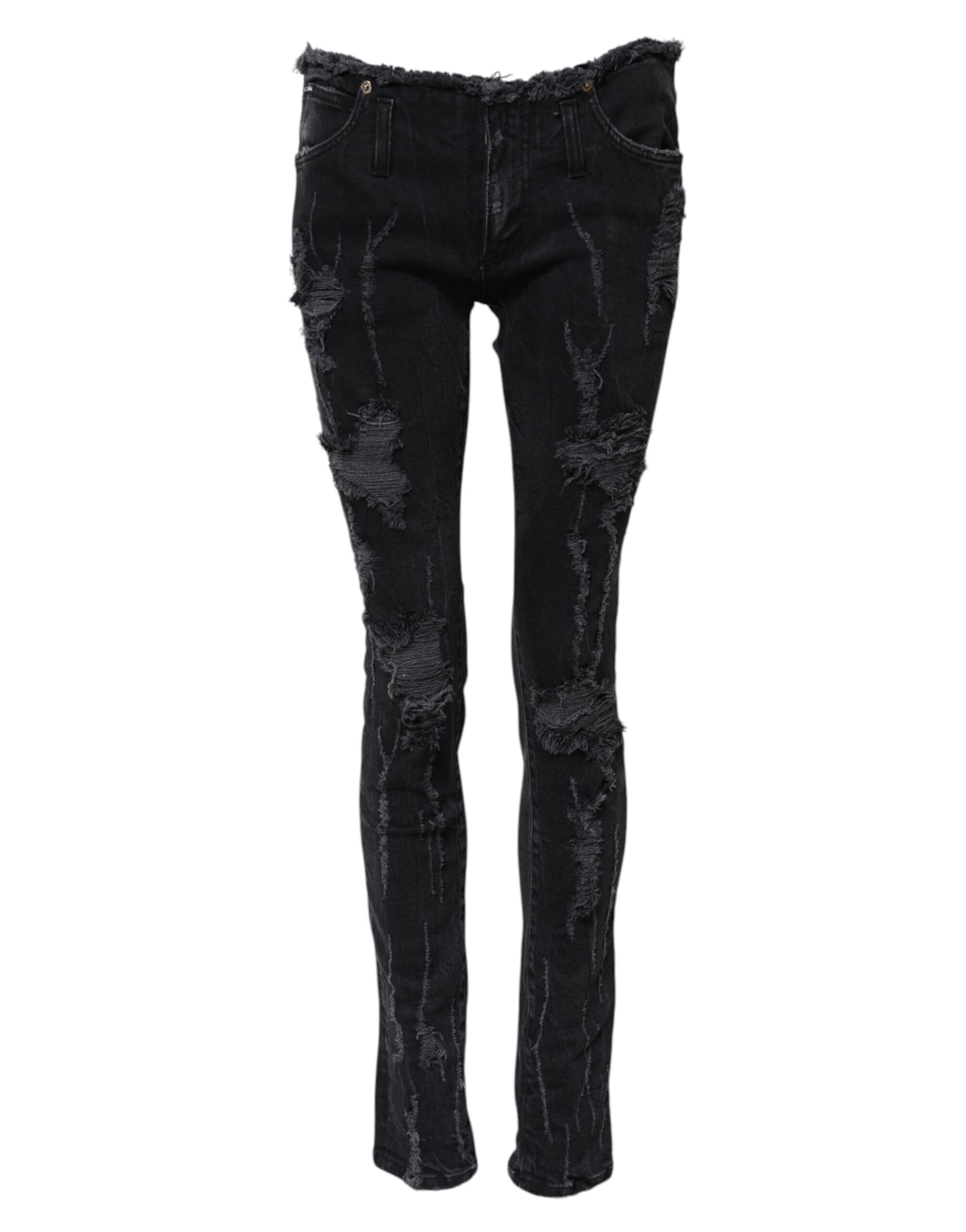 Dolce & Gabbana Black Cotton Tattered Skinny Denim Jeans