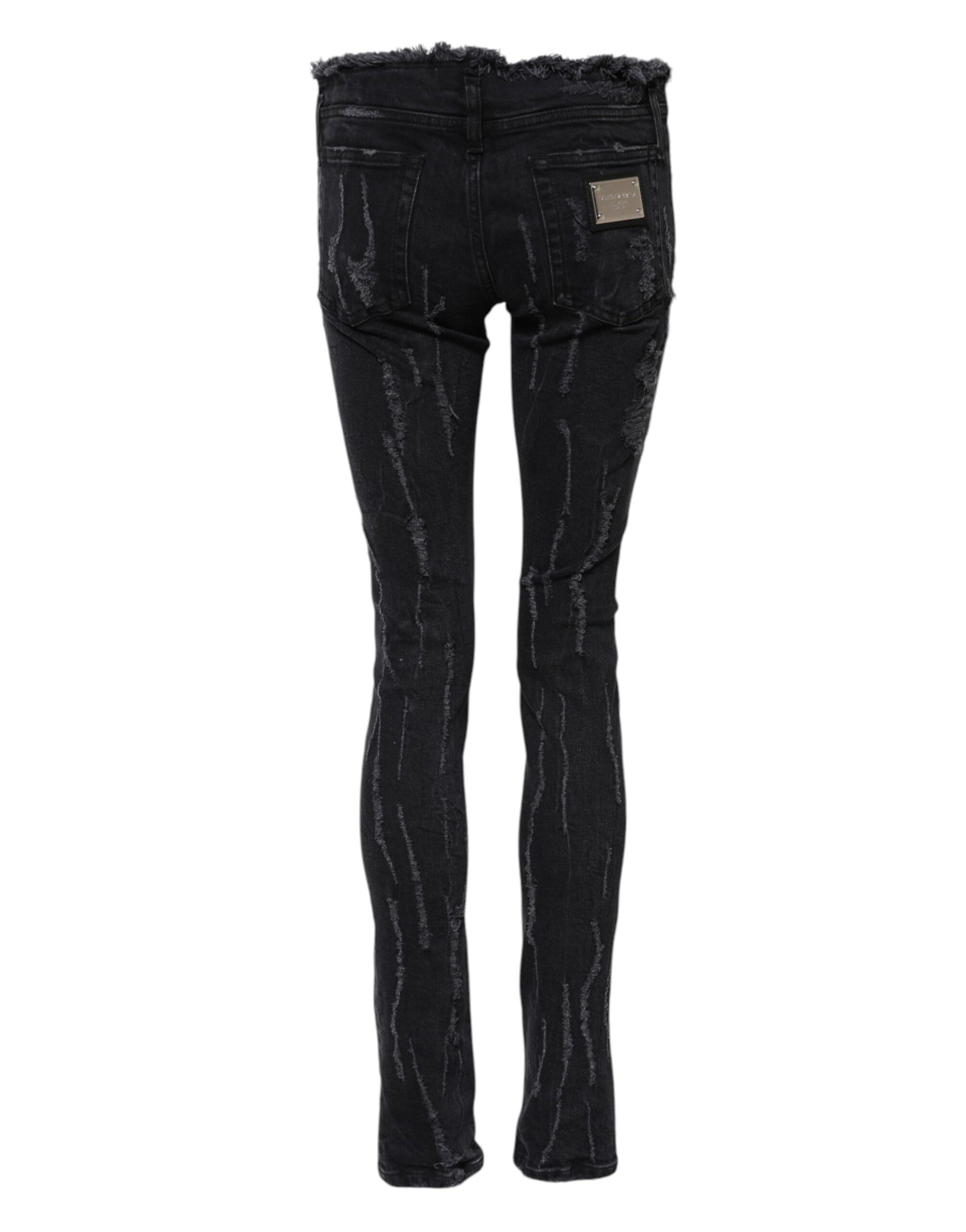 Dolce & Gabbana Black Cotton Tattered Skinny Denim Jeans
