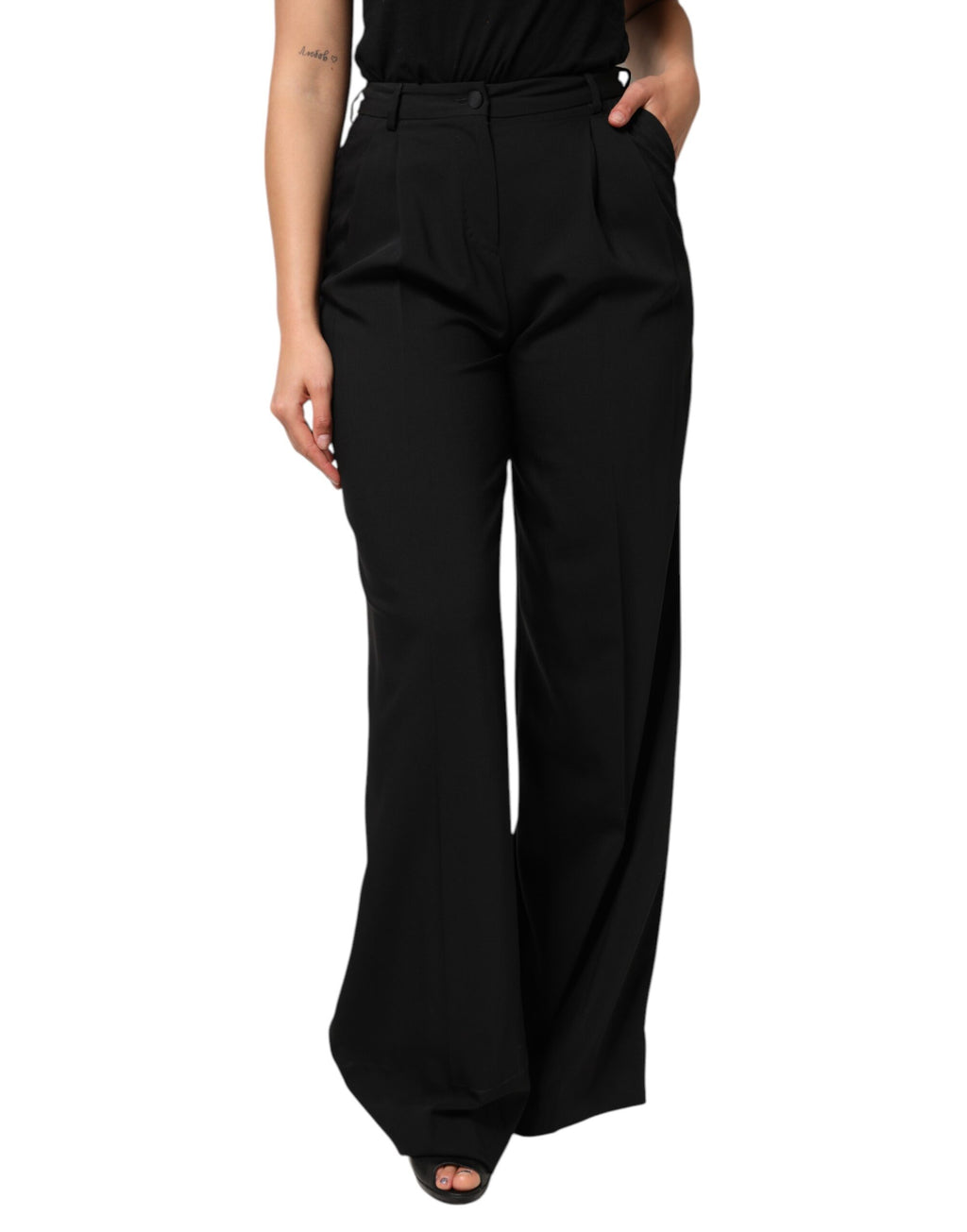 Dolce & Gabbana Black Wool High Waist Wide Leg Pants