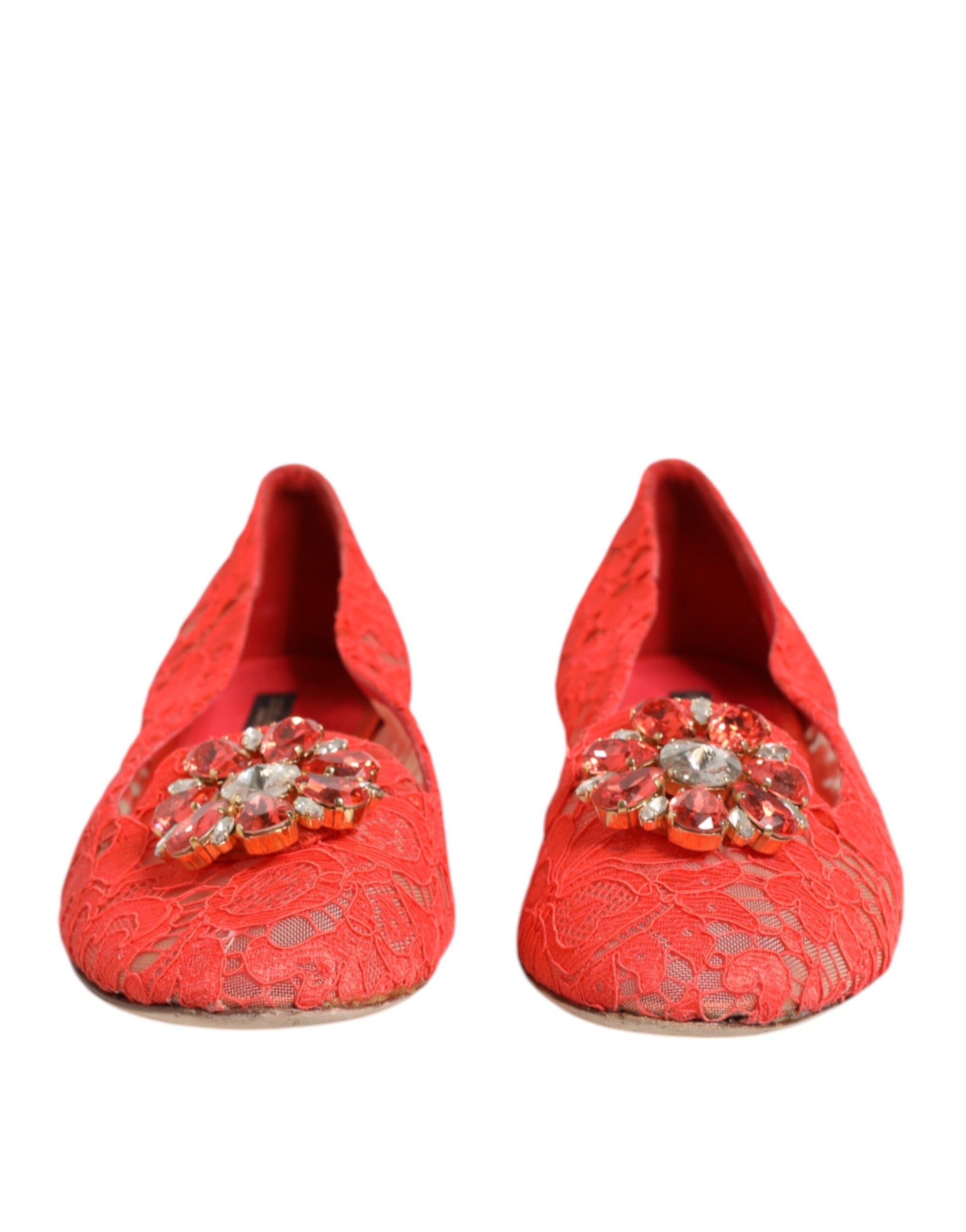 Dolce & Gabbana Orange Lace Crystal Ballet Flats Loafers Shoes