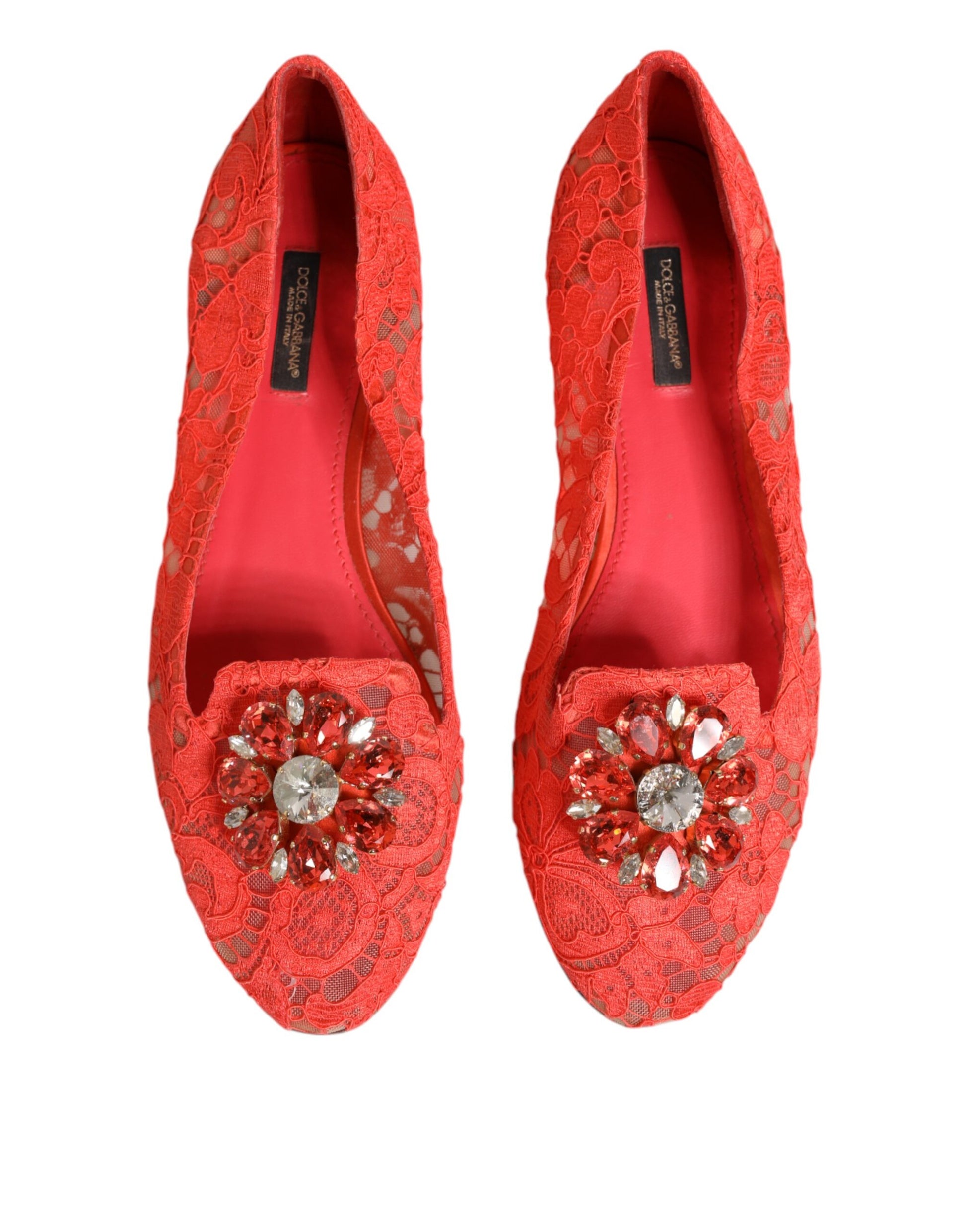 Dolce & Gabbana Orange Lace Crystal Ballet Flats Loafers Shoes