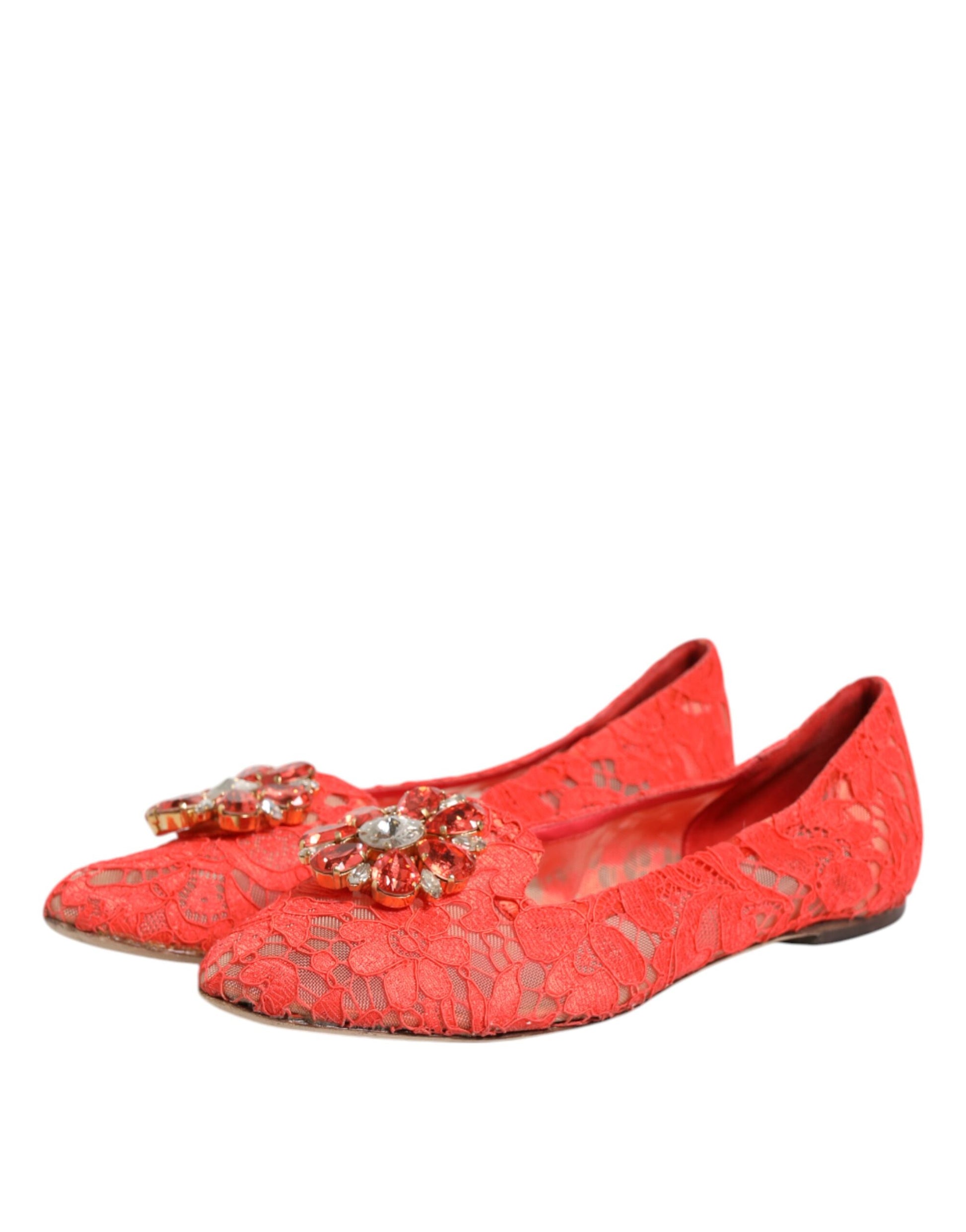 Dolce & Gabbana Orange Lace Crystal Ballet Flats Loafers Shoes