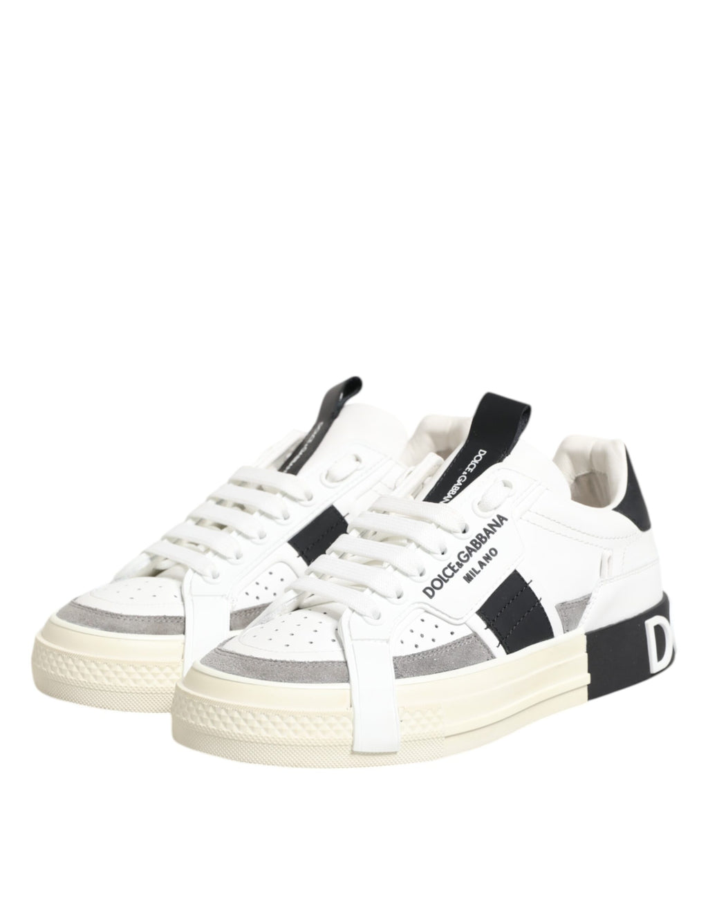 Dolce & Gabbana White Black Leather Low Top Sneakers Shoes