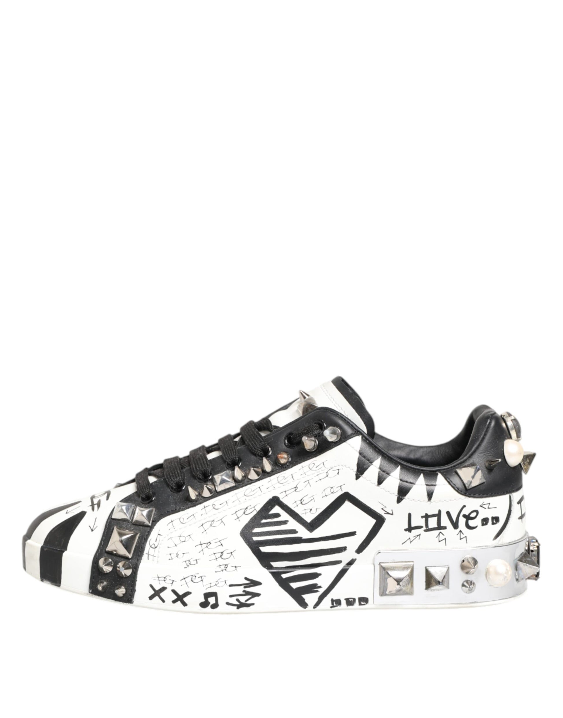 Dolce & Gabbana White Studded Printed Low Top Sneakers Shoes