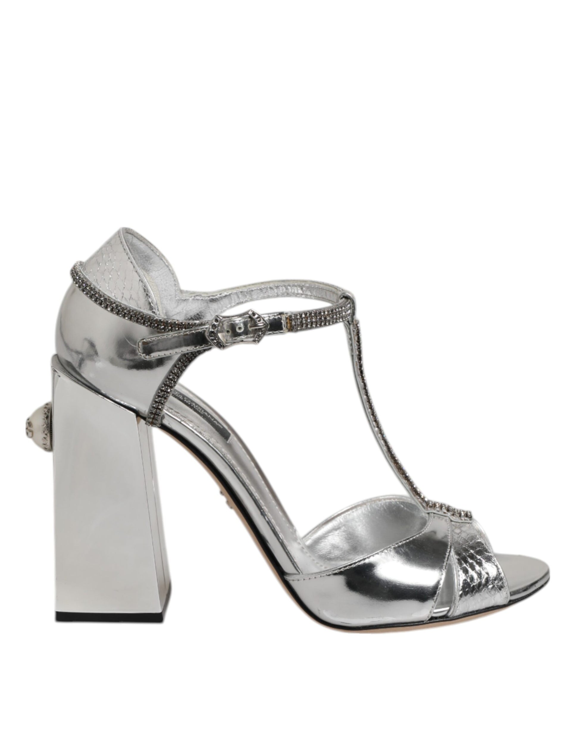 Dolce & Gabbana Silver Leather T-strap Heels Sandals Shoes