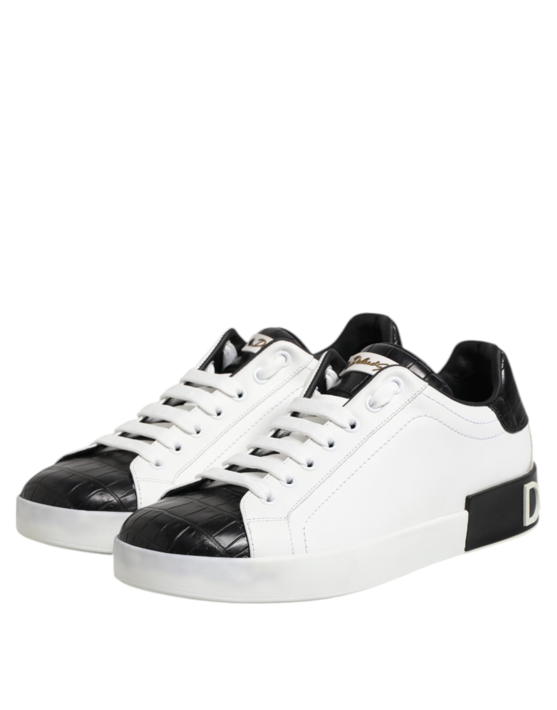 Dolce & Gabbana White Black Leather Portofino Sneaker Shoes