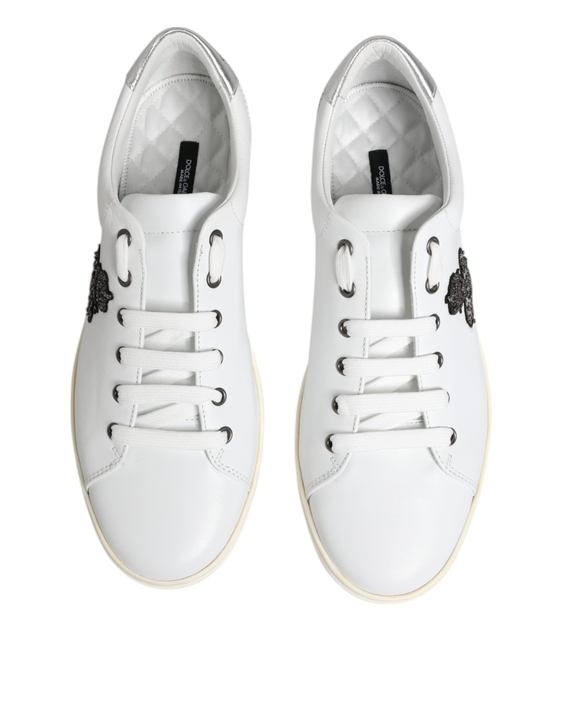 Dolce & Gabbana White Crown Bee Leather Low Top Sneakers Shoes