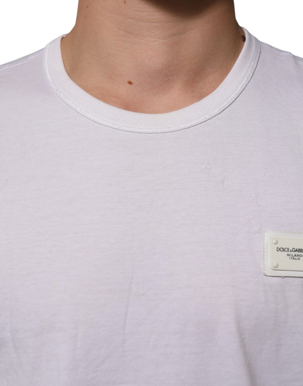 Dolce & Gabbana White Cotton Logo Patch Crew Neck Men T-shirt