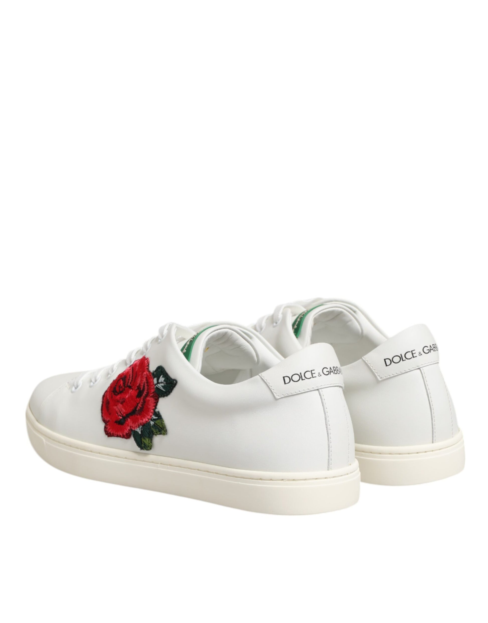 Dolce & Gabbana White Leather Rose Embroidery Low-Top  Shoes