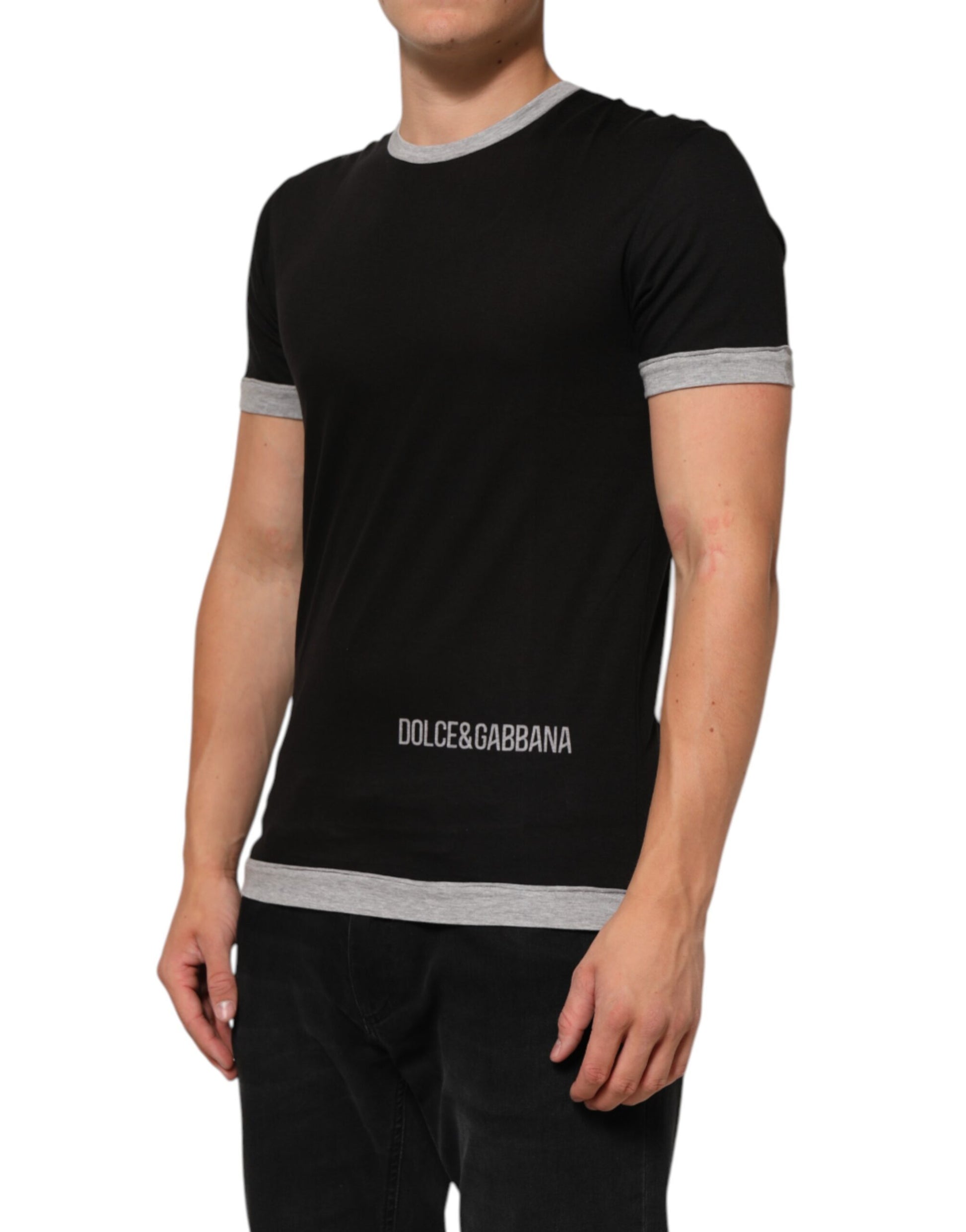 Dolce & Gabbana Black Cotton Logo Print Men Crew Neck T-shirt