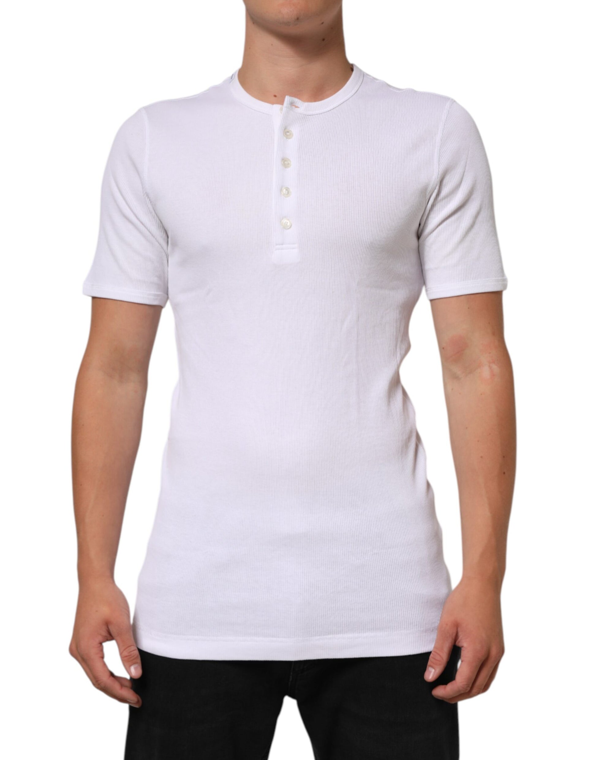 Dolce & Gabbana White Cotton Button Henley Shirt Men  T-shirt