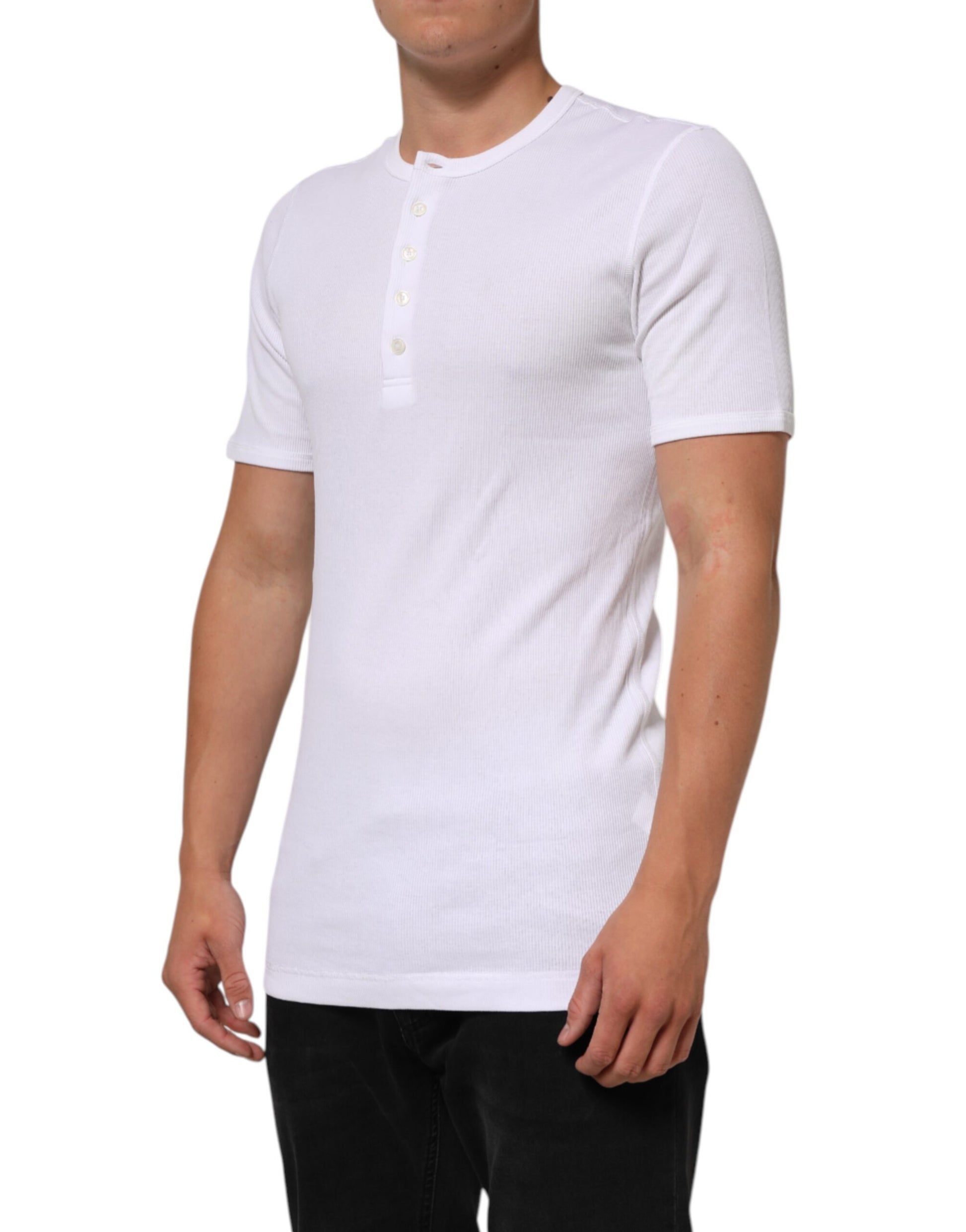 Dolce & Gabbana White Cotton Button Henley Shirt Men  T-shirt