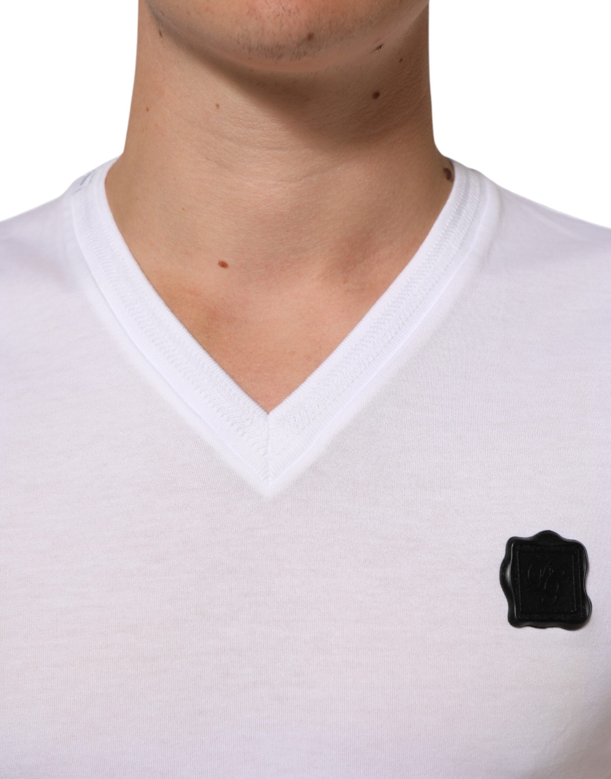 Dolce & Gabbana White Cotton Logo Patch V-neck Tee T-shirt
