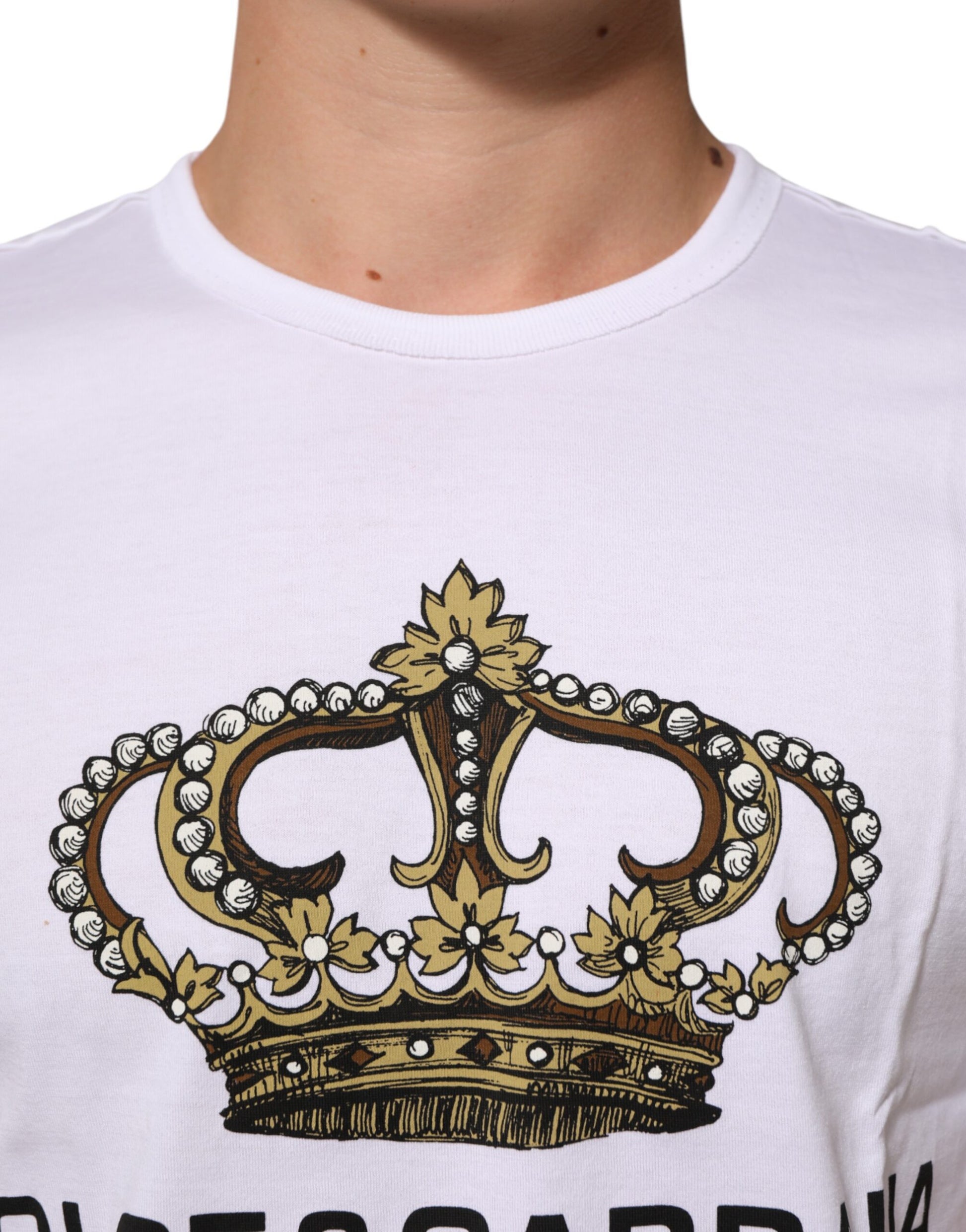 Dolce & Gabbana White Crown Print Cotton Crew Neck T-shirt