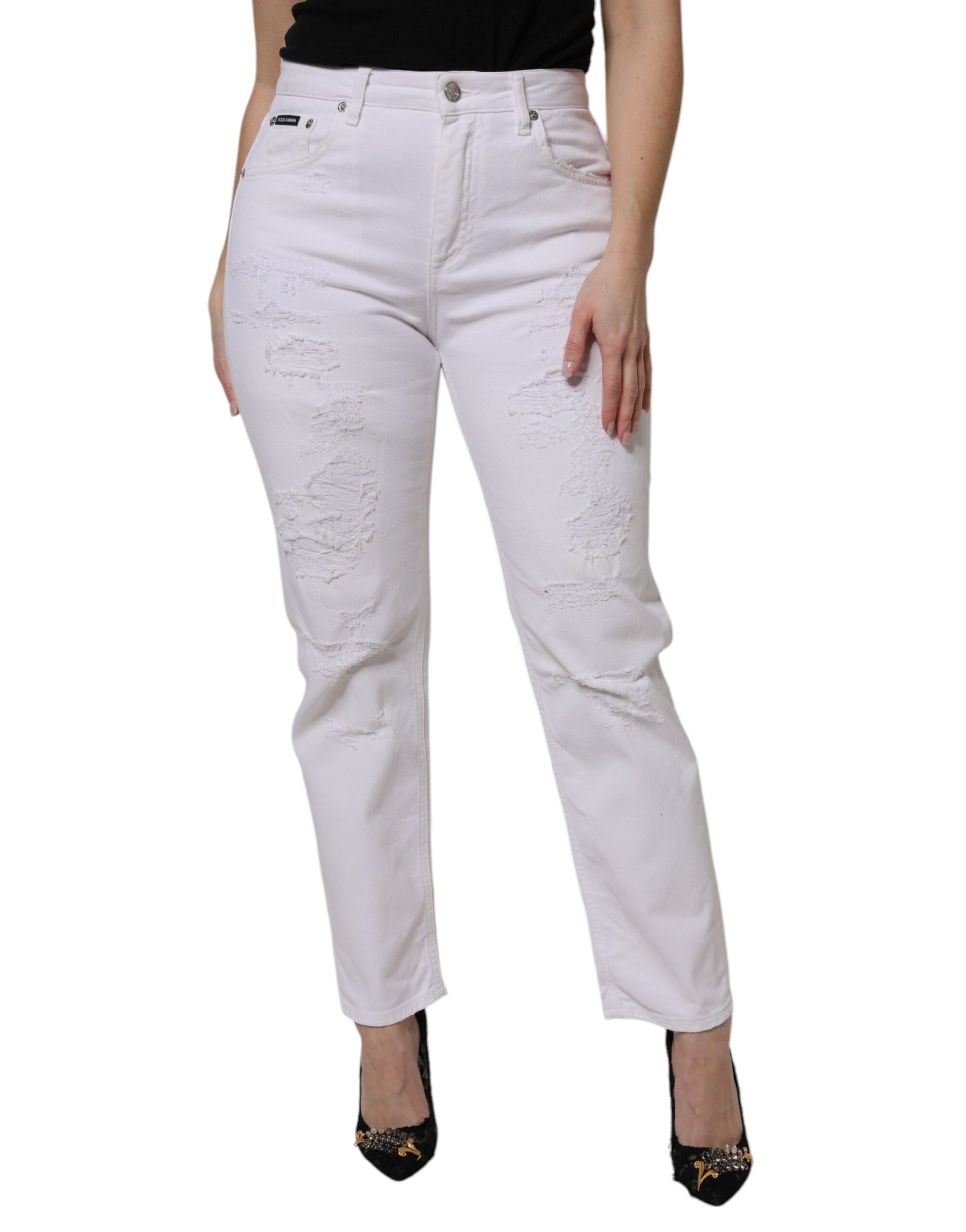 Dolce & Gabbana White Cotton Tattered BOYFRIEND Denim Jeans