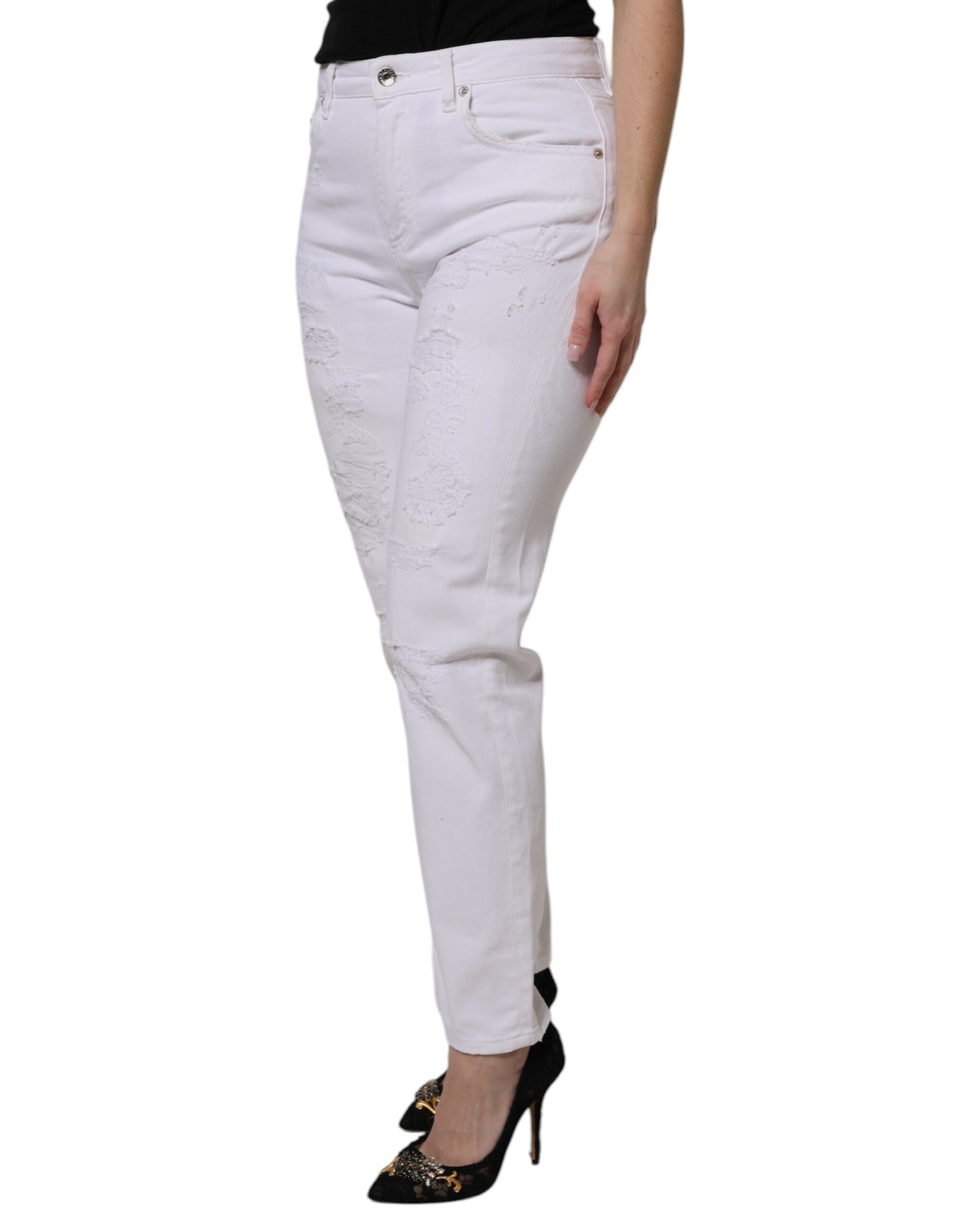 Dolce & Gabbana White Cotton Tattered BOYFRIEND Denim Jeans