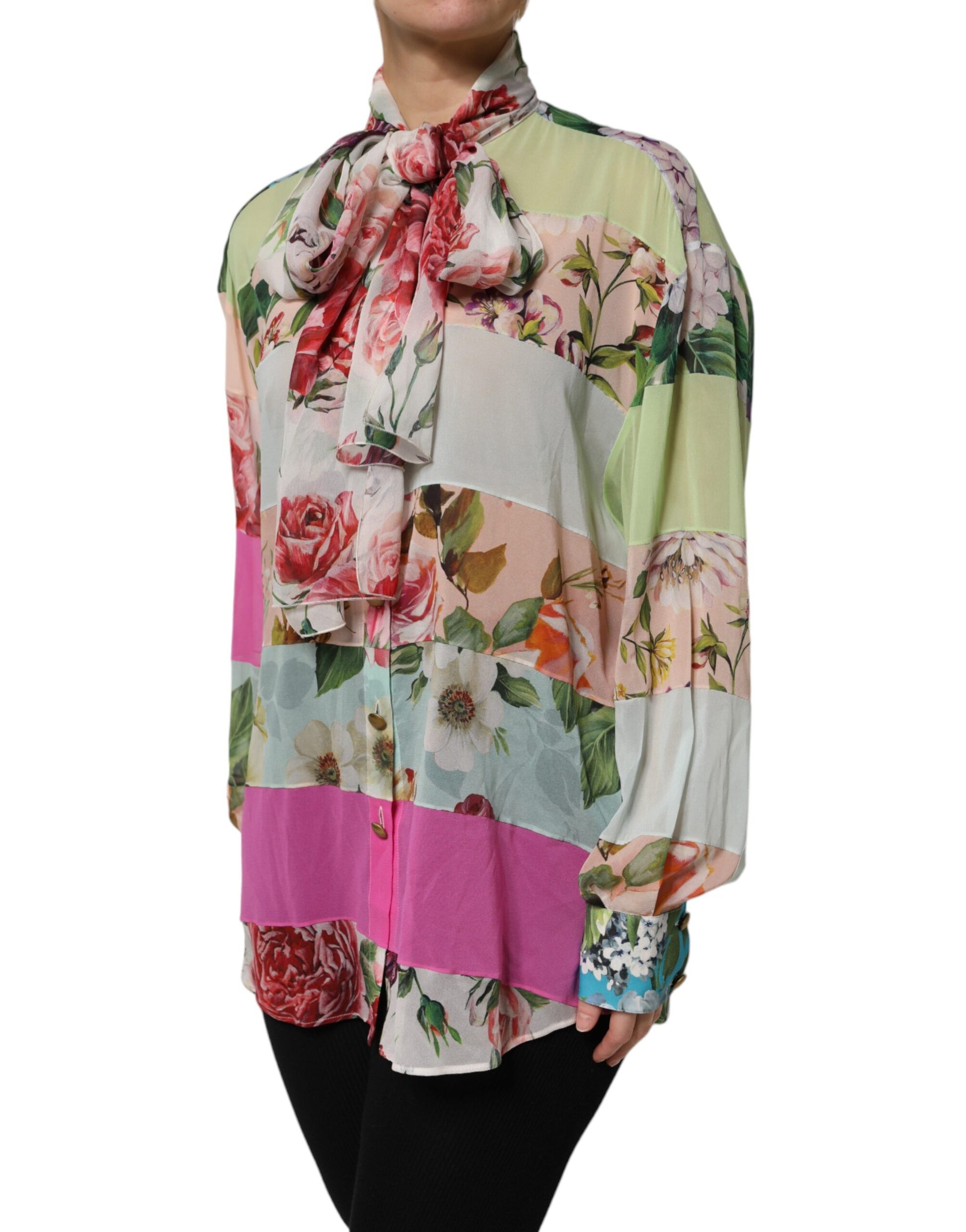 Dolce & Gabbana Multicolor Floral Patchwork Silk Ascot Collar Top