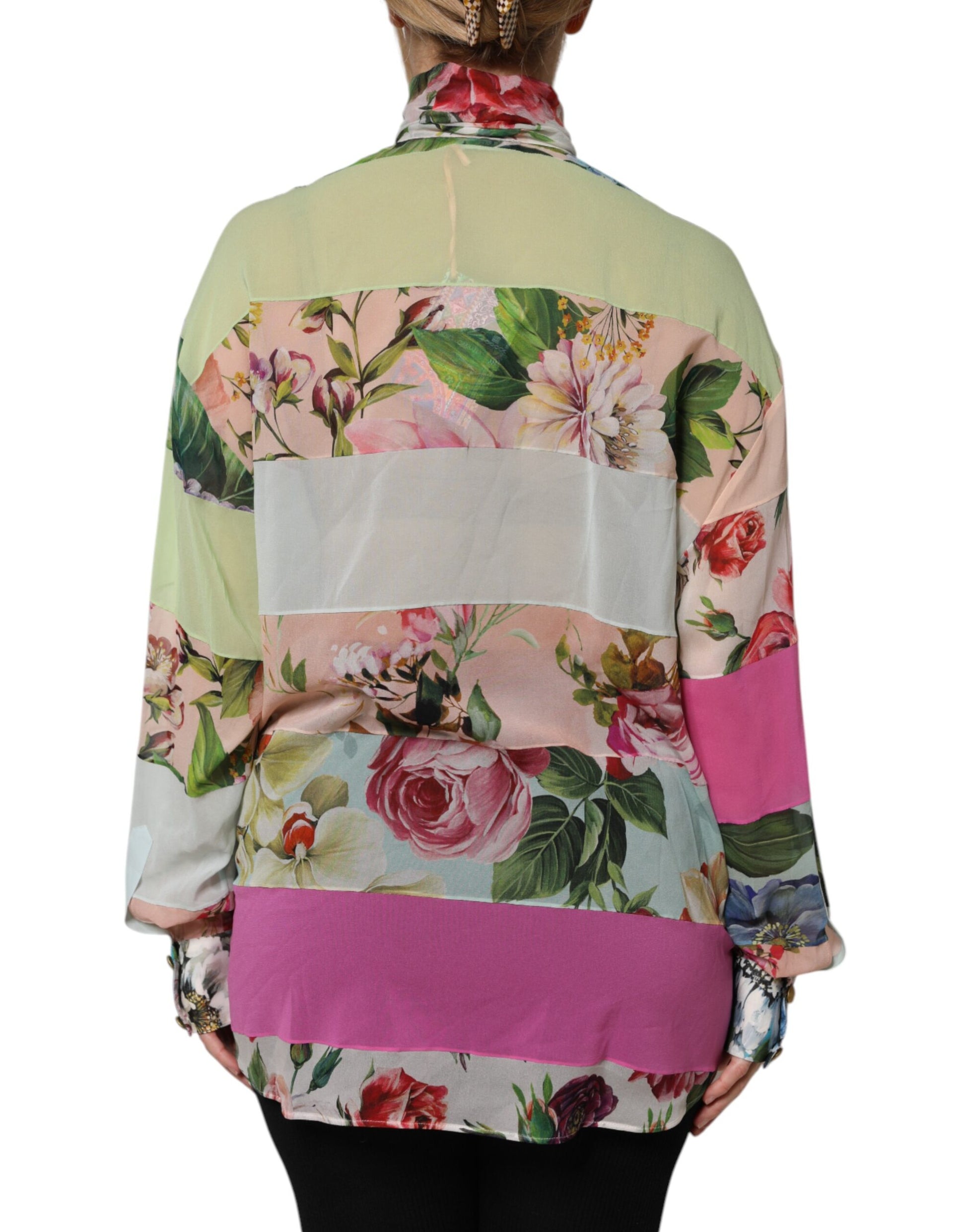 Dolce & Gabbana Multicolor Floral Patchwork Silk Ascot Collar Top