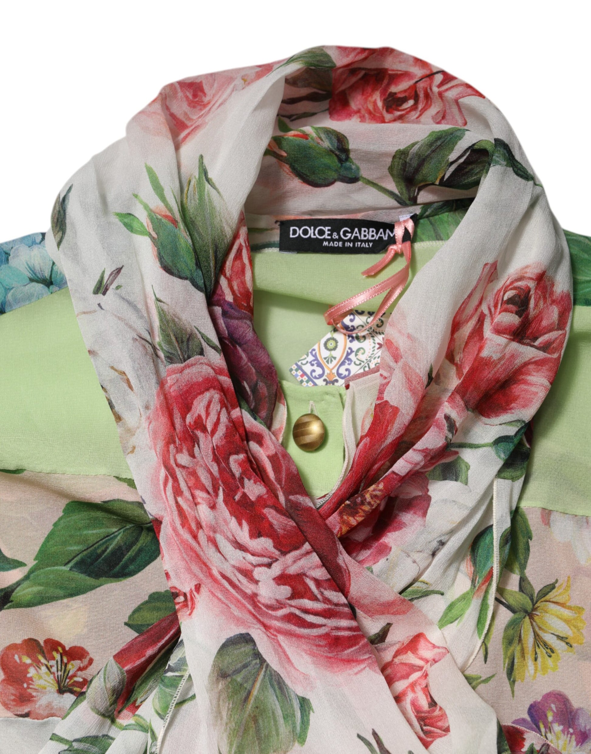 Dolce & Gabbana Multicolor Floral Patchwork Silk Ascot Collar Top