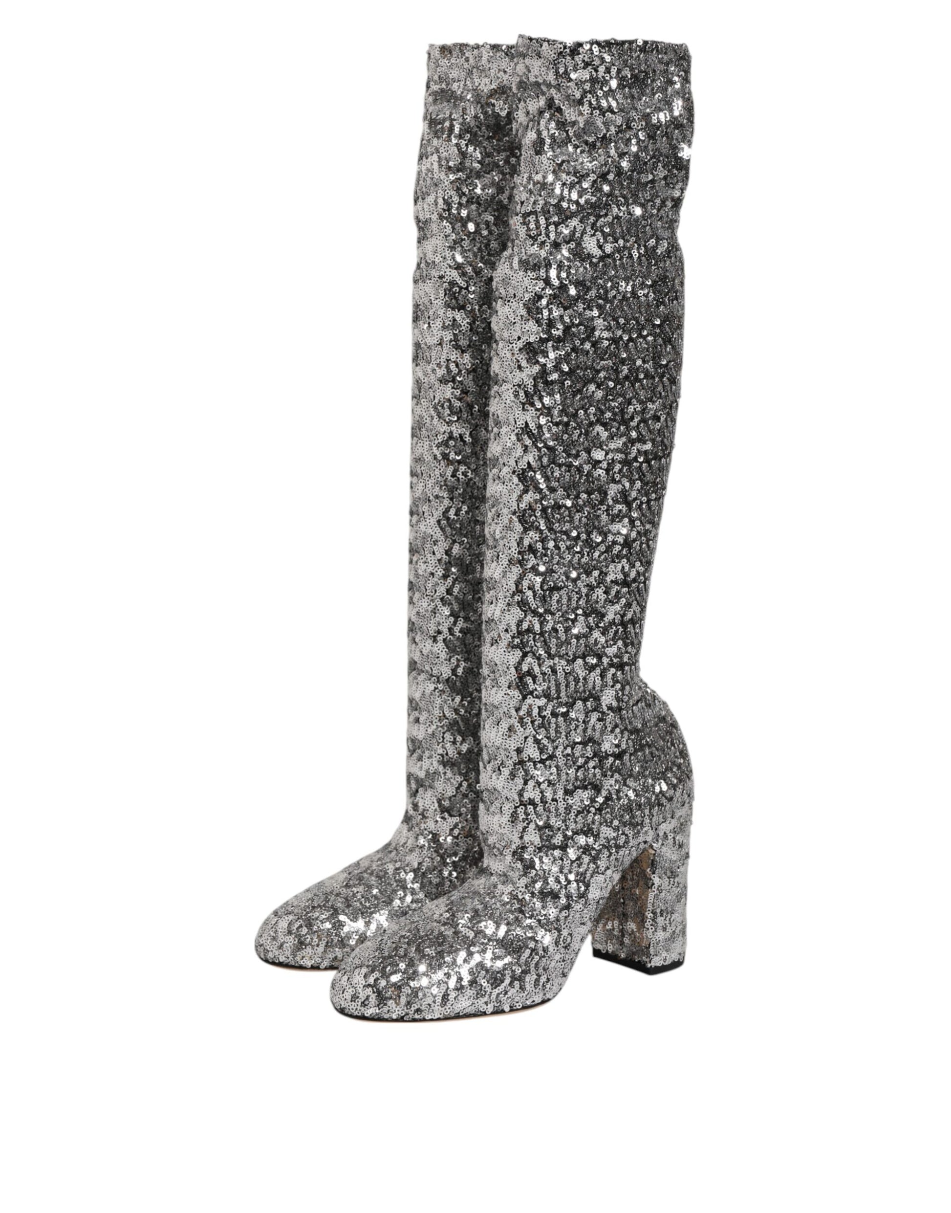 Dolce & Gabbana Silver Sequins Glitter High Heel Boot Shoes