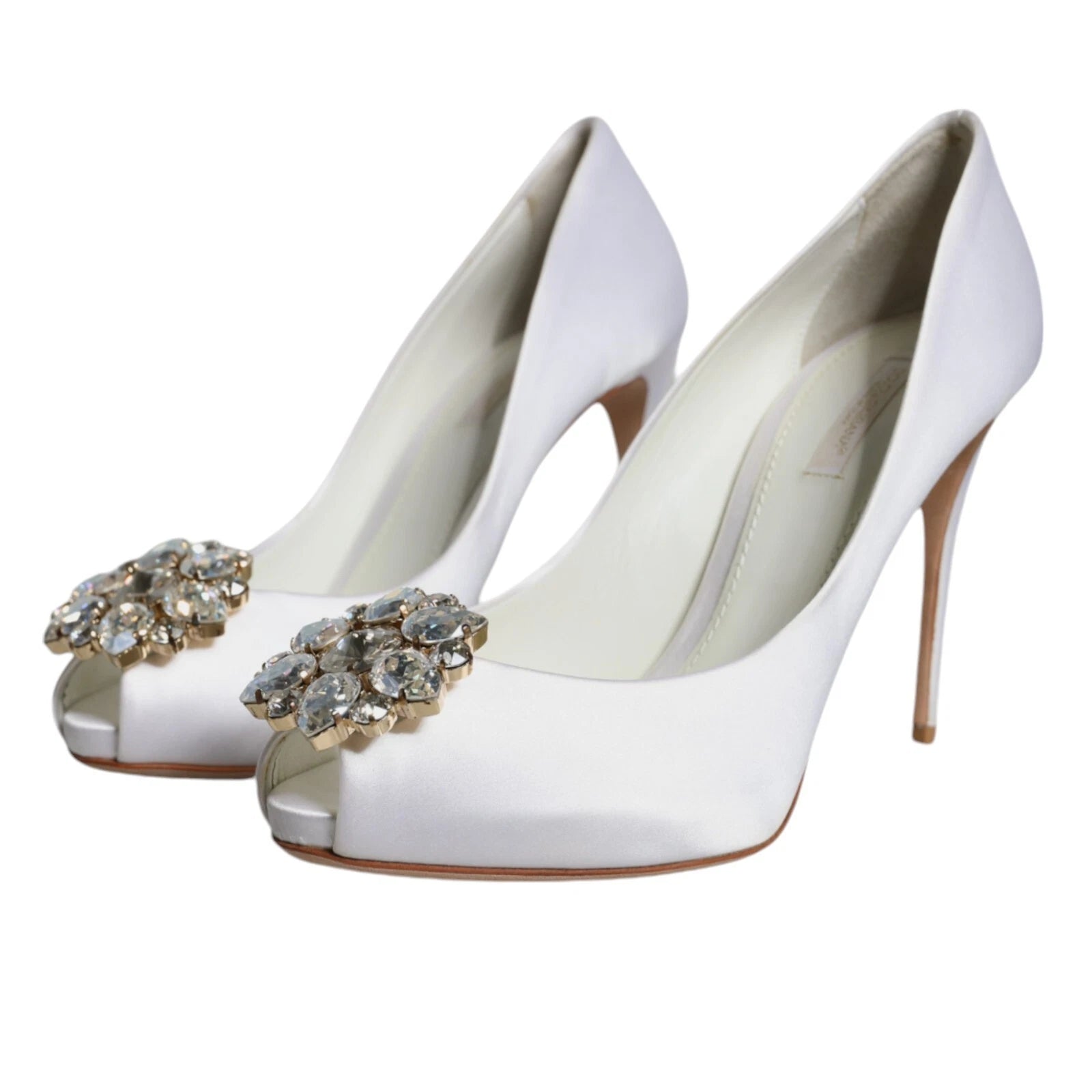 Dolce & Gabbana White Crystals Peep Toe Satin Pumps Shoes
