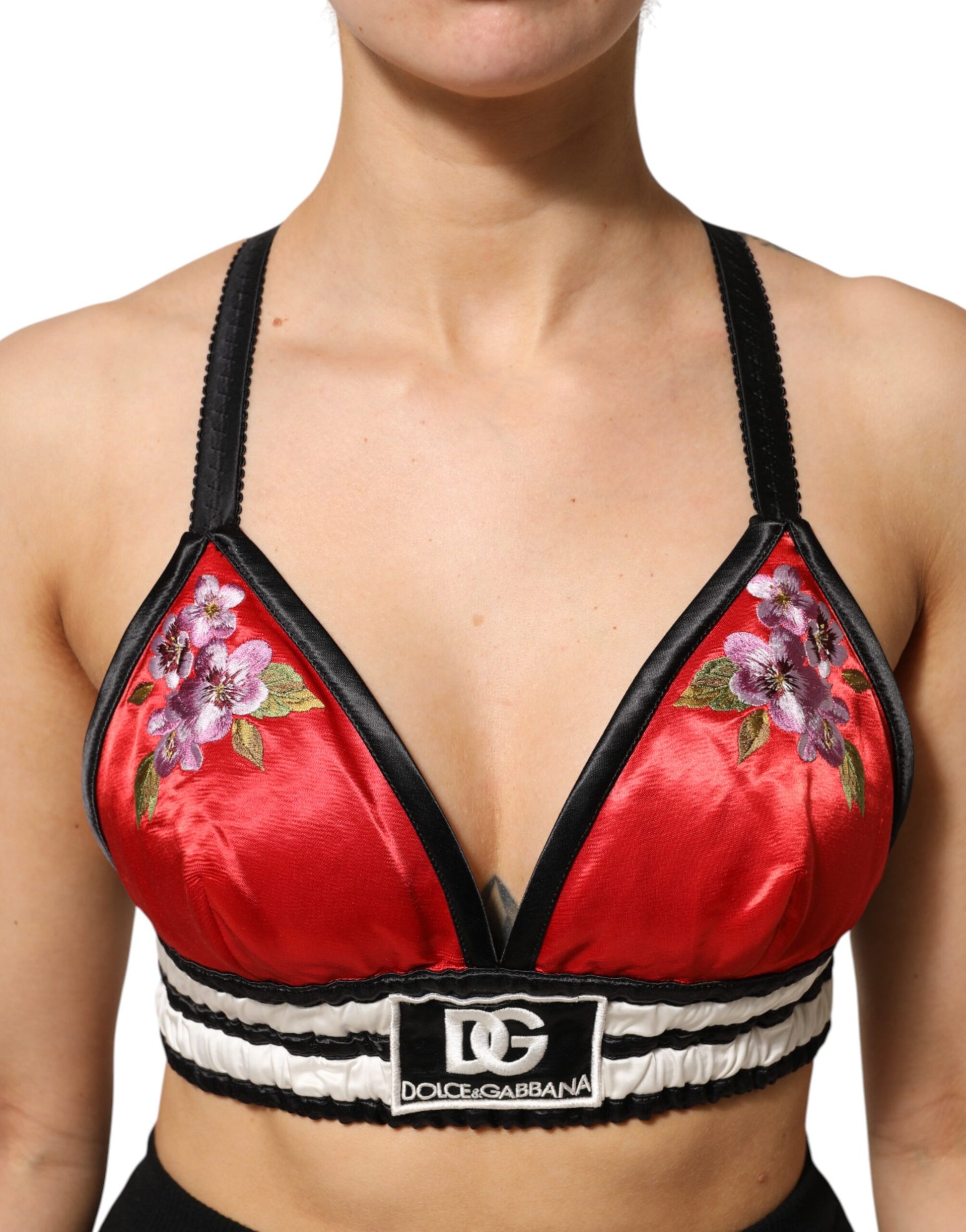 Dolce & Gabbana Red Satin Floral Embroidered Bralette Crop Top