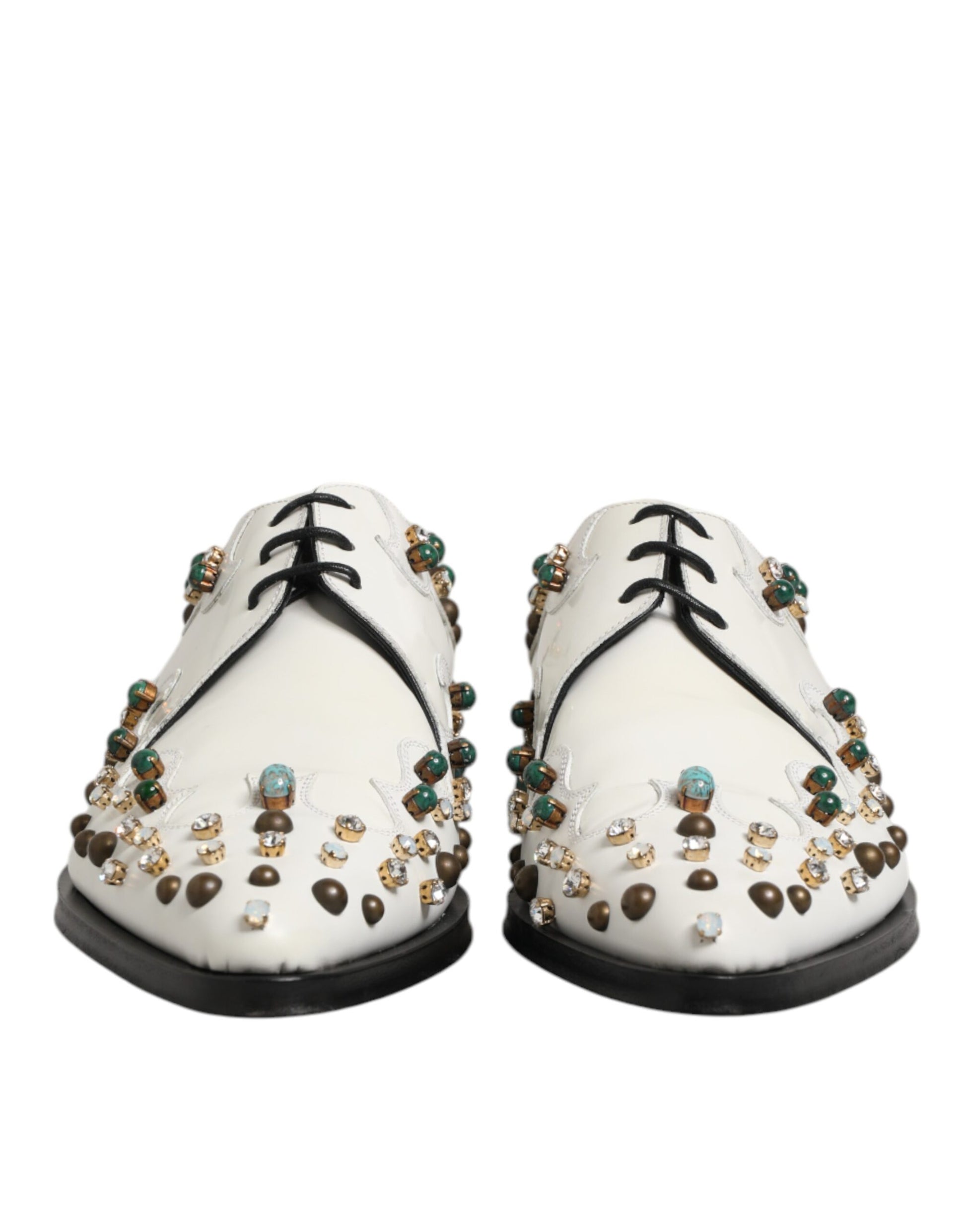 Dolce & Gabbana White Leather Crystals Embellished Derby Shoes