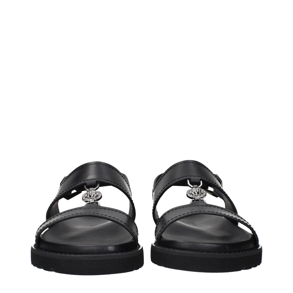 Versace Black Leather Flat Sandals