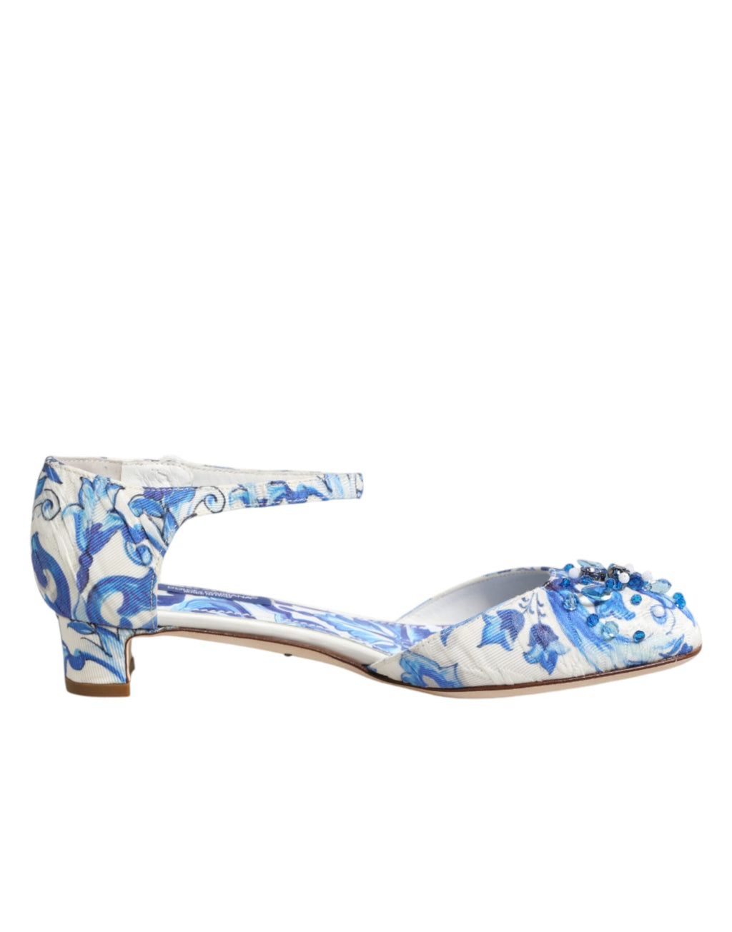 Dolce & Gabbana White Blue Floral Crystal Ankle Straps Shoes