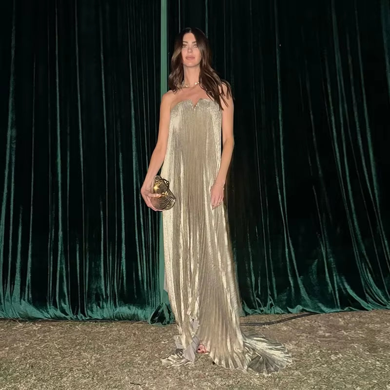 Timeless Grace: Elegant Pleat Long Dress Women Loose Tube Top