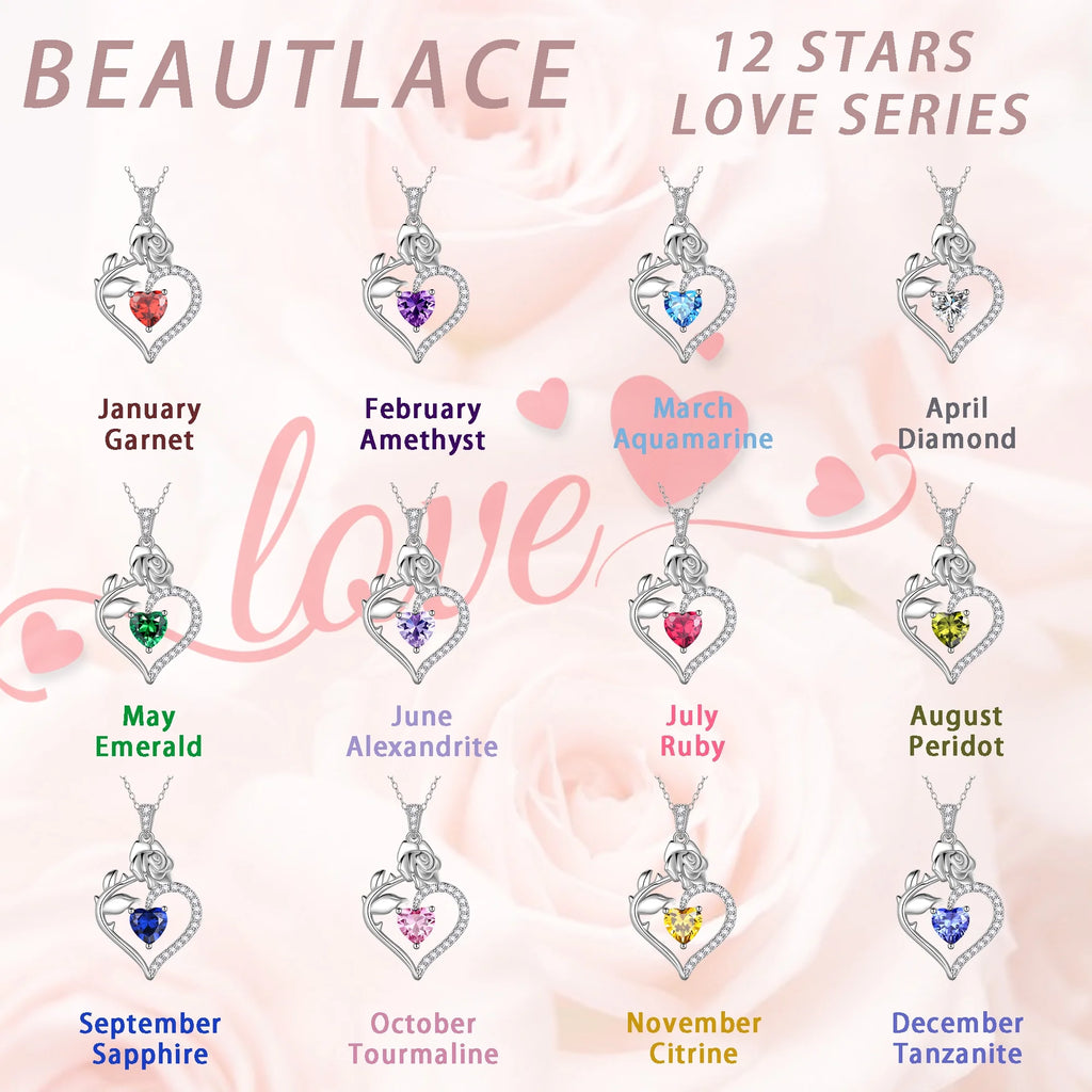 925 Sterling Silver Birthstone Necklace Rose Flower Heart Pendant Jewelry Christmas Valentines Mother'S Day Gifts for Women Mom Wife/Lover